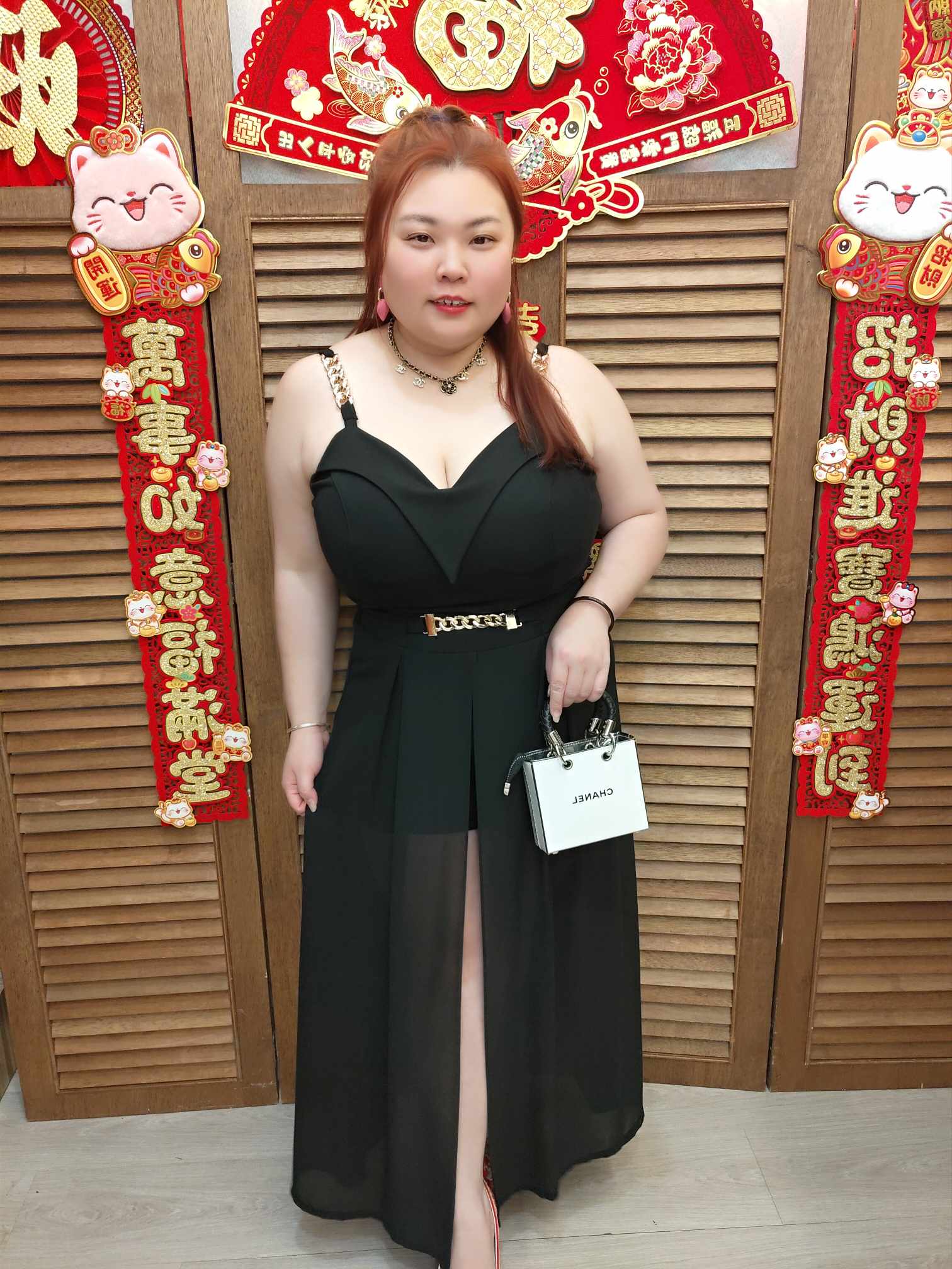 TW#5856 拼金链条开叉设计长裤裙