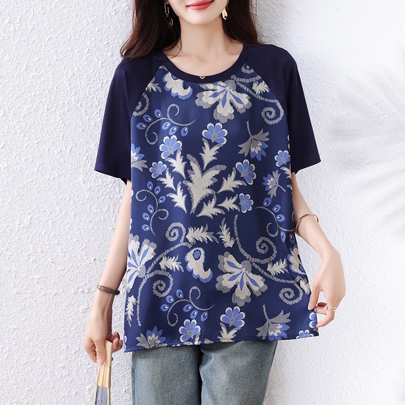 B213(2376) 新中式洋气国风拼接前部花色印花蓝上衣 