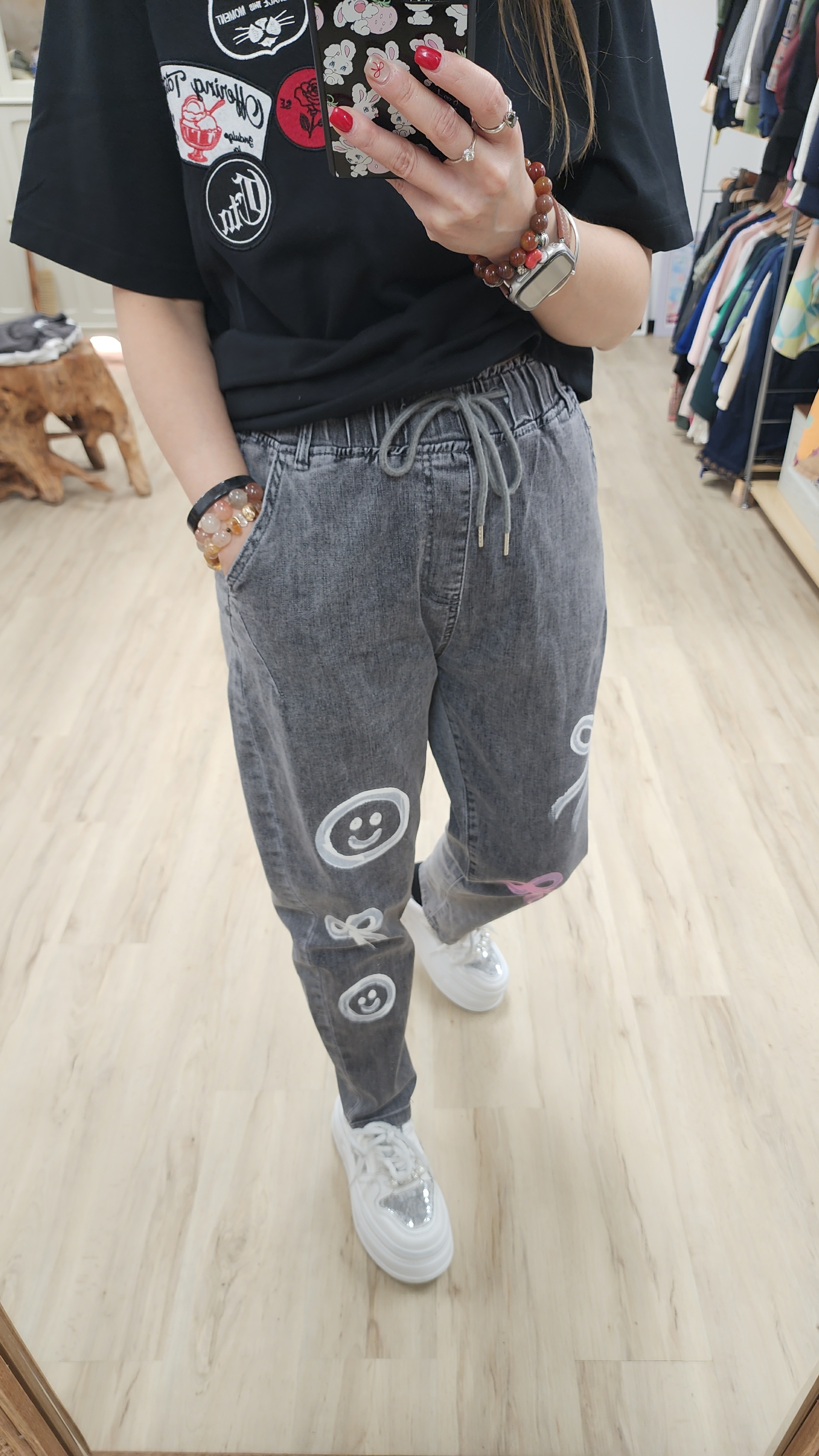 韓國炭灰哈哈笑心心印圖修腳橡筋牛仔褲