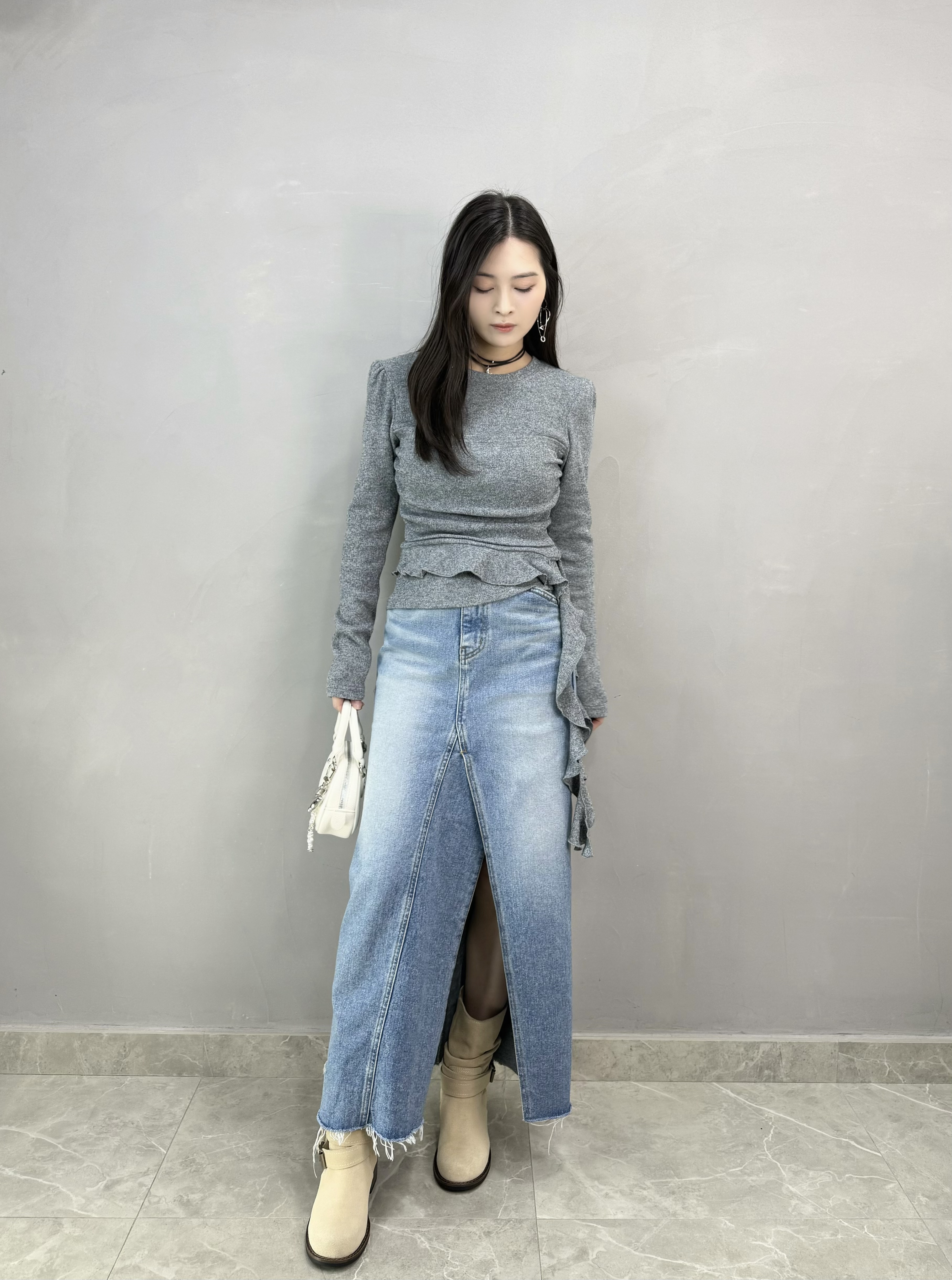 F72 開叉牛仔長裙