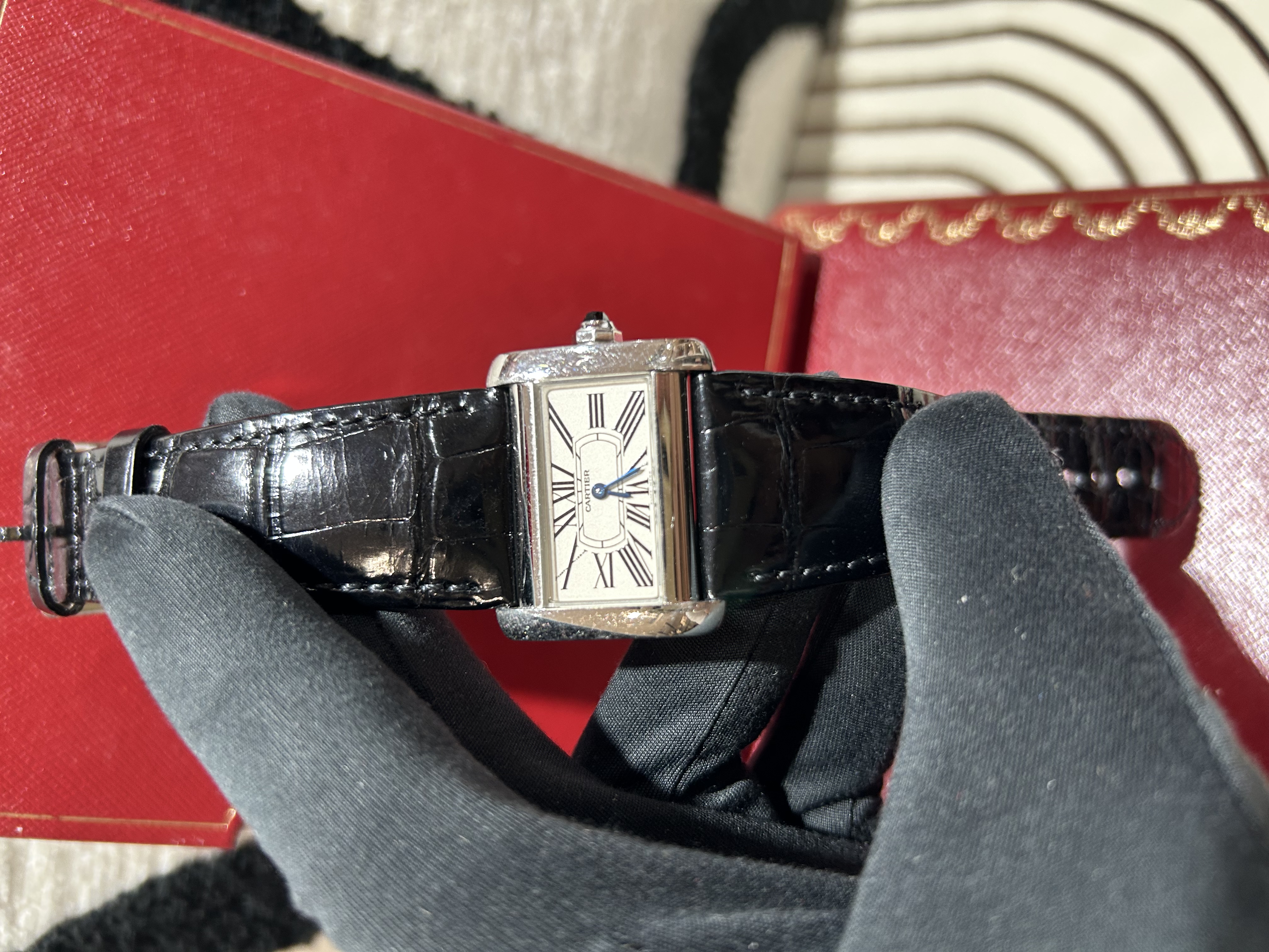 Cartier Tank Divan Stainless Steel Black Crocodile Skin Quartz Watch 100%Authentic, 95%New ✅07證書✅Box✅Booklet