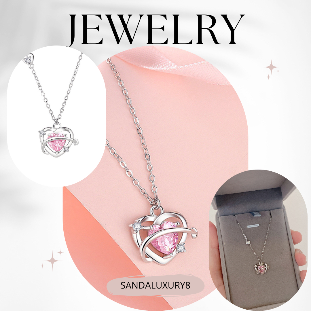 Heart Necklace with Pink Gemstone Pendant, Simple Elegant Silver Chain, Romantic Jewelry for Women, Ideal Gift for Her,  Sandaluxury8