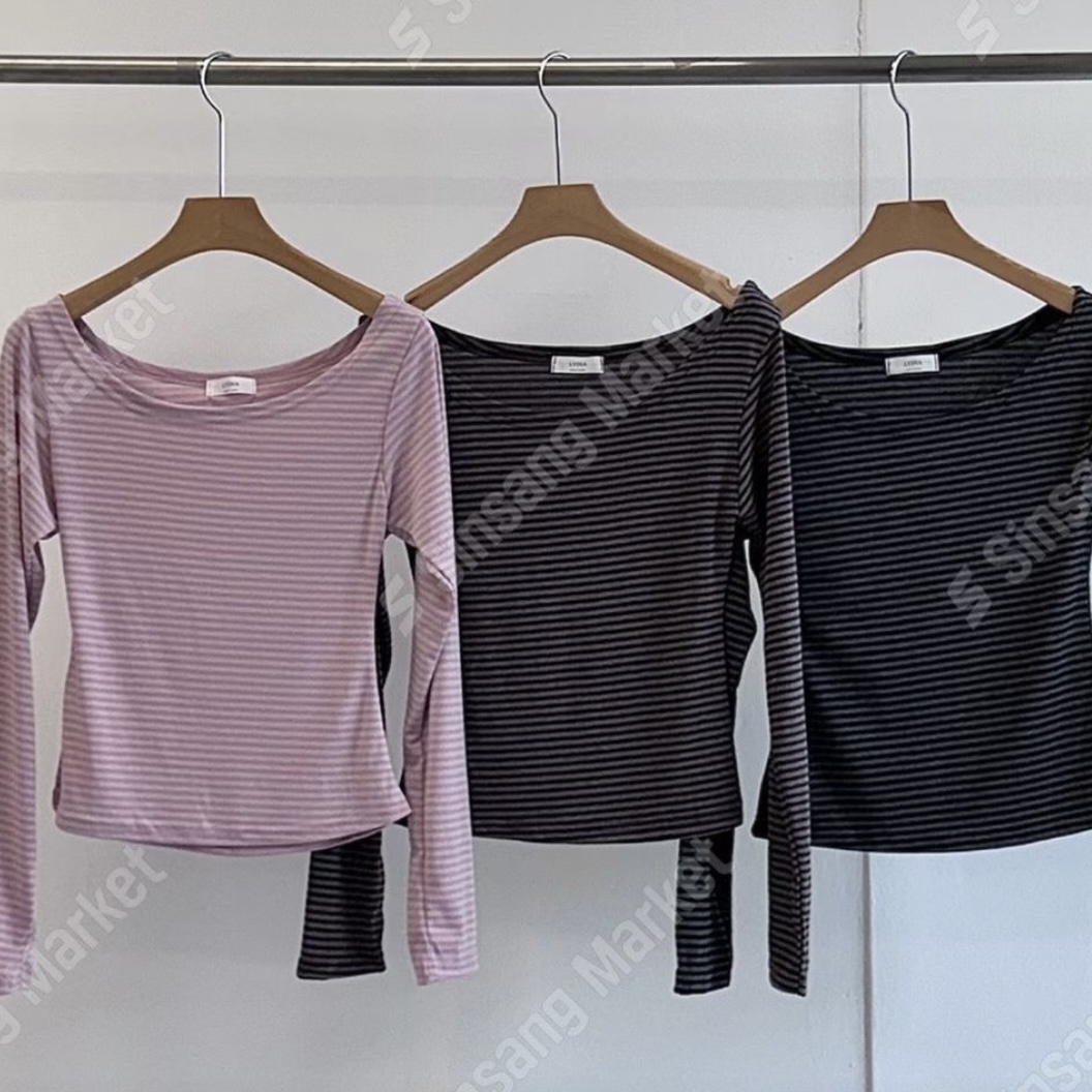 韓國間條斜膊薄款Top