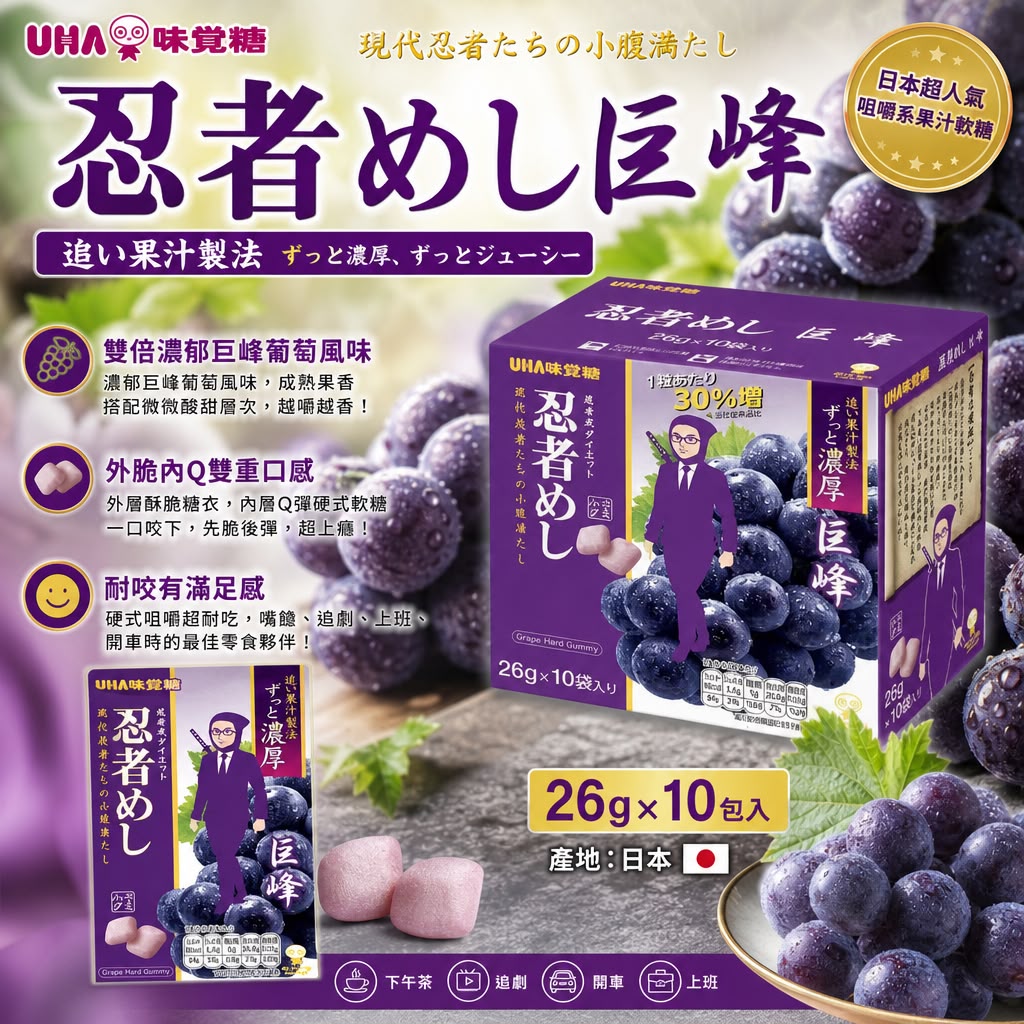 日本 🇯🇵 COSTCO好市多 UHA味覺糖 忍者めし 巨峰葡萄 咀嚼系果汁軟糖 26g×10 包入