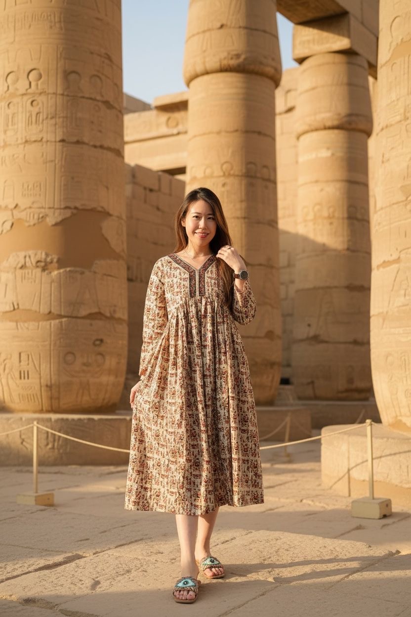 Egypt Print Kalamkari Y-Neck Block Print OP 45" #1089