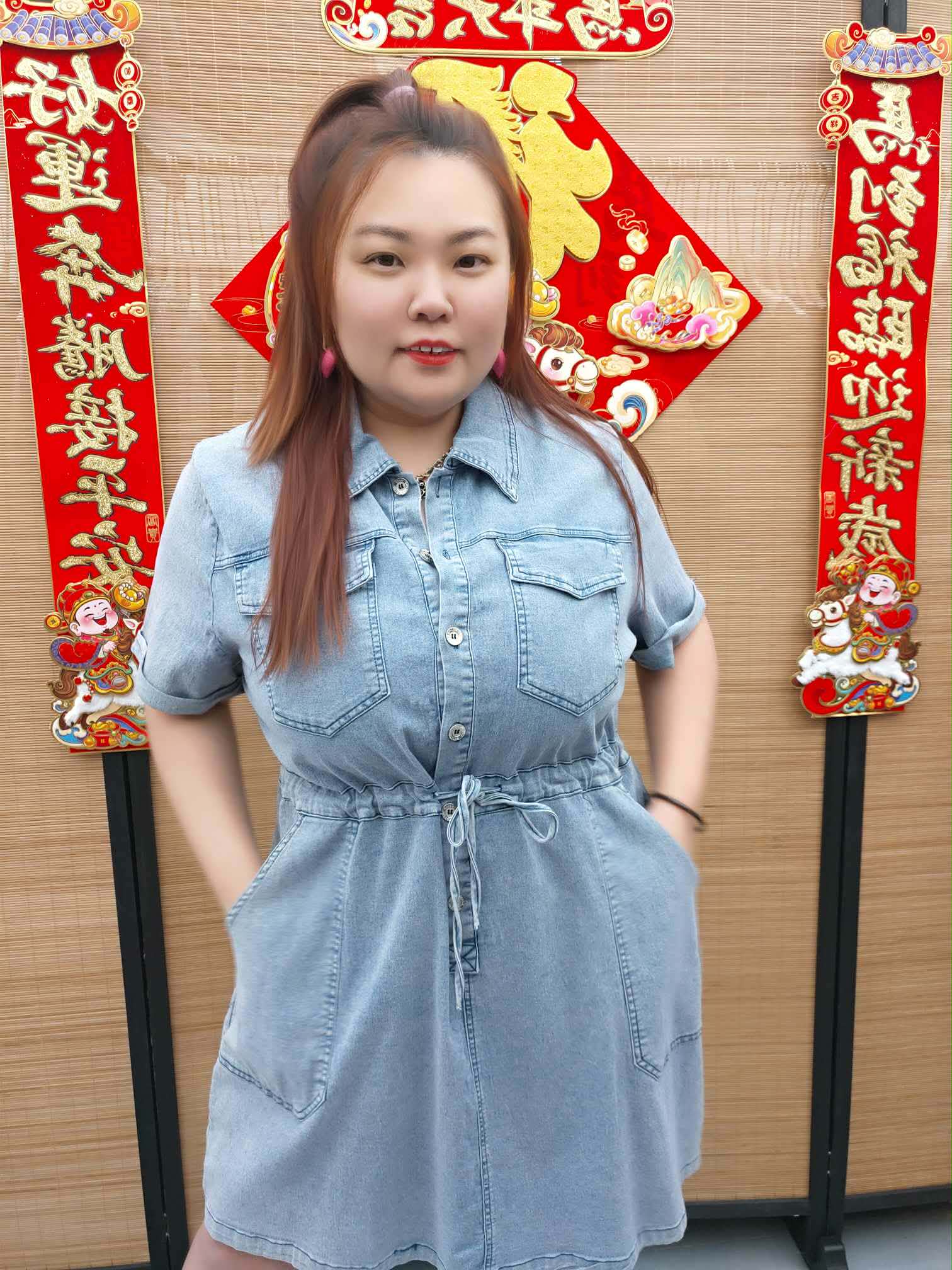 DDH07 6055(B12) 腰间可抽绳牛仔连衣裙