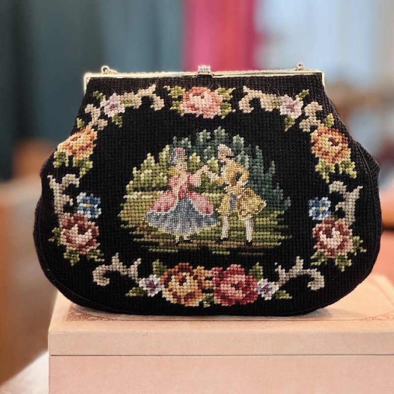 Rare! Courting Couple Needlepoint with Rhinestone Frame Handbag - Missing 2 stitches (MT2505)