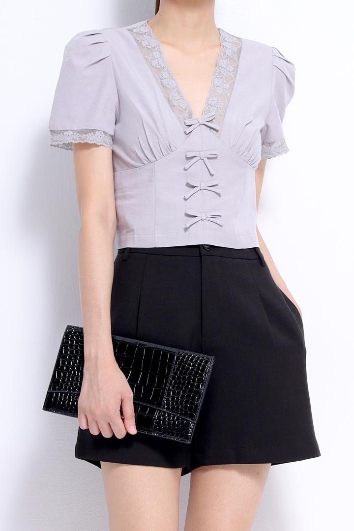 CB2743 French Lace Bow Cropped Blouse