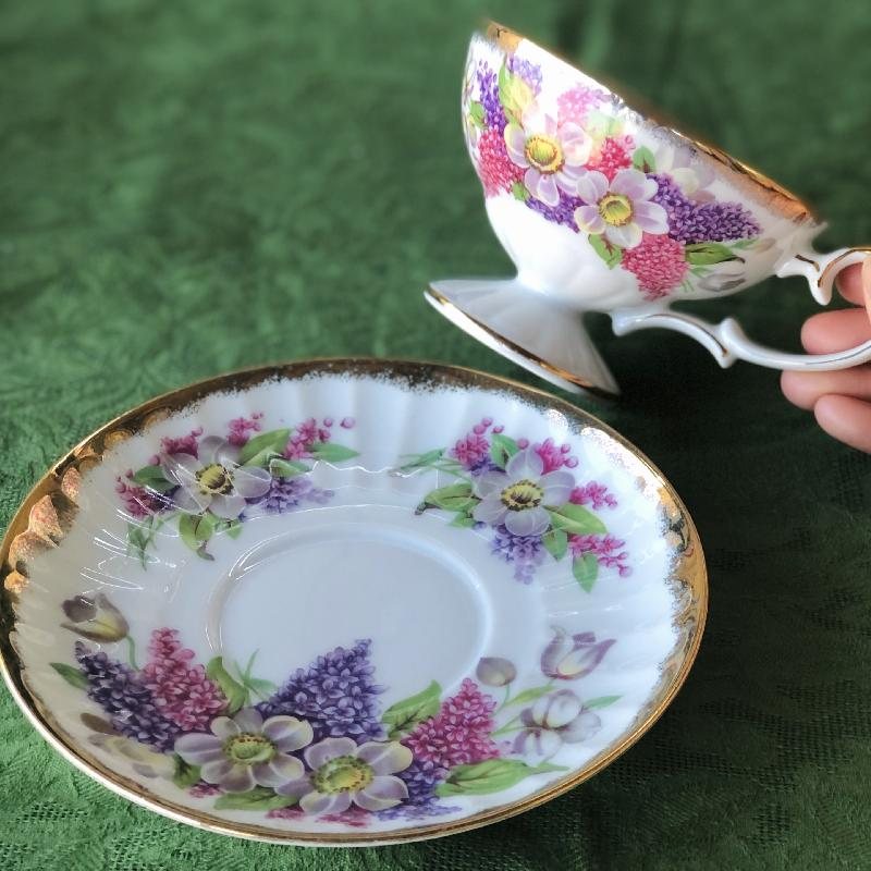 C.a. 1950-60s Japanese Shafford Hand Decorated Pink & Purple Footed Tea Set Duo (MT1682)