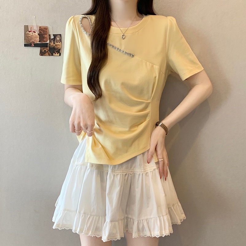 B317(36900) 法式别致肩边镂空斜排ZICZAC银钉下摆斜角4色上衣