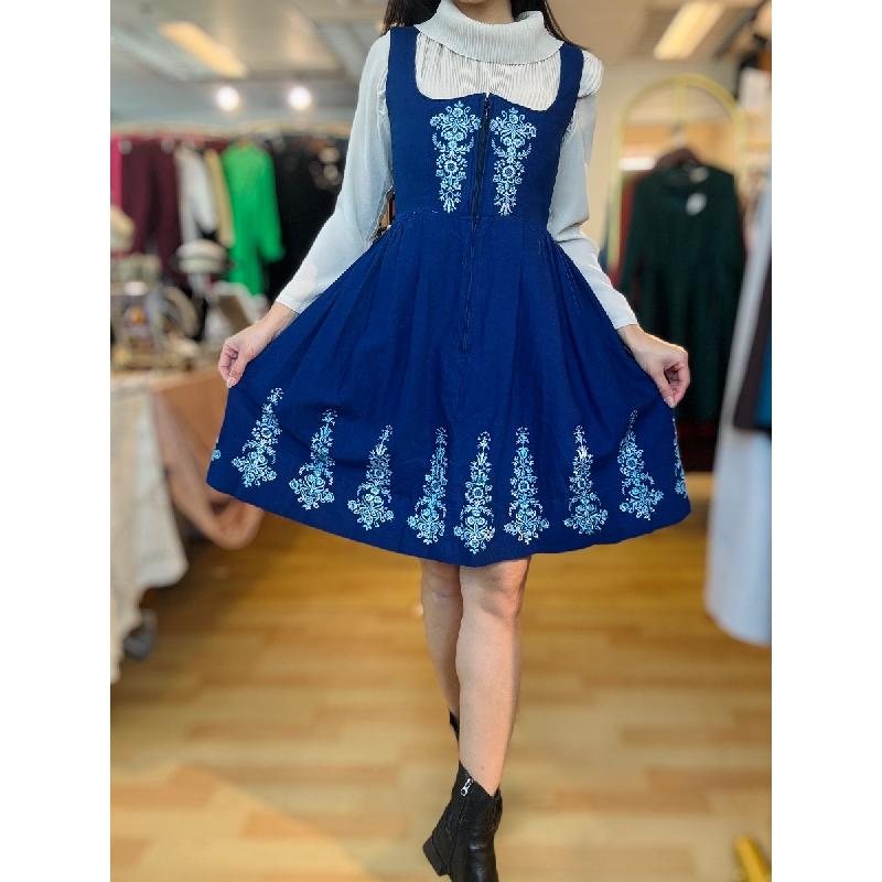 Vintage Embroidered Blue Dirndl Dress - Size S/XS