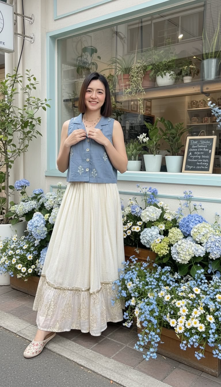 2490 Light Blue Flower Emb. 2 Way Vest