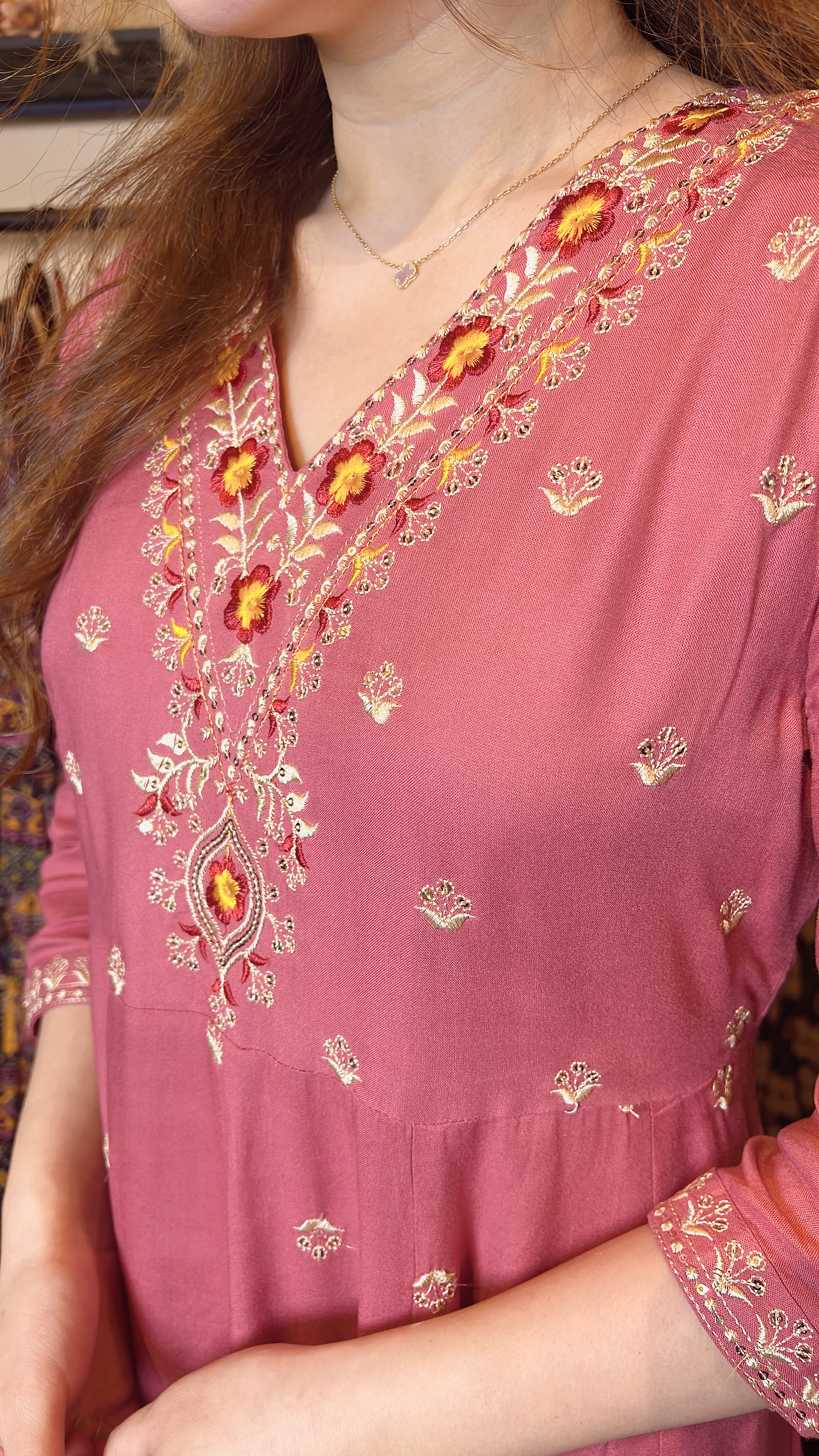 Pink Emb Big V Neck Cotton OP 46" #1051