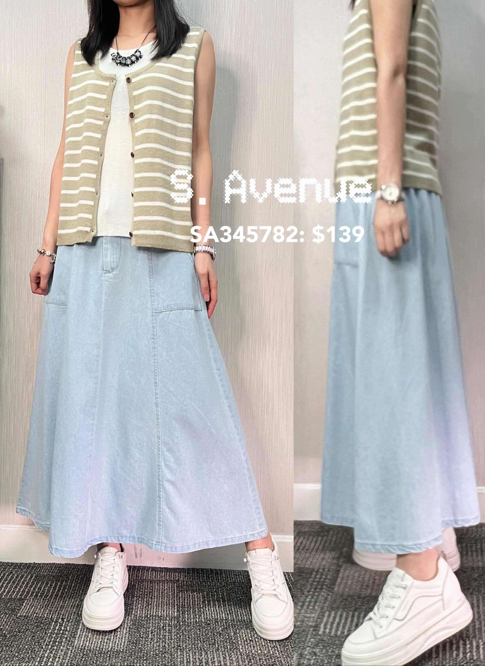 SA345782: 後橡筋腰前有鈕方袋A字牛仔裙