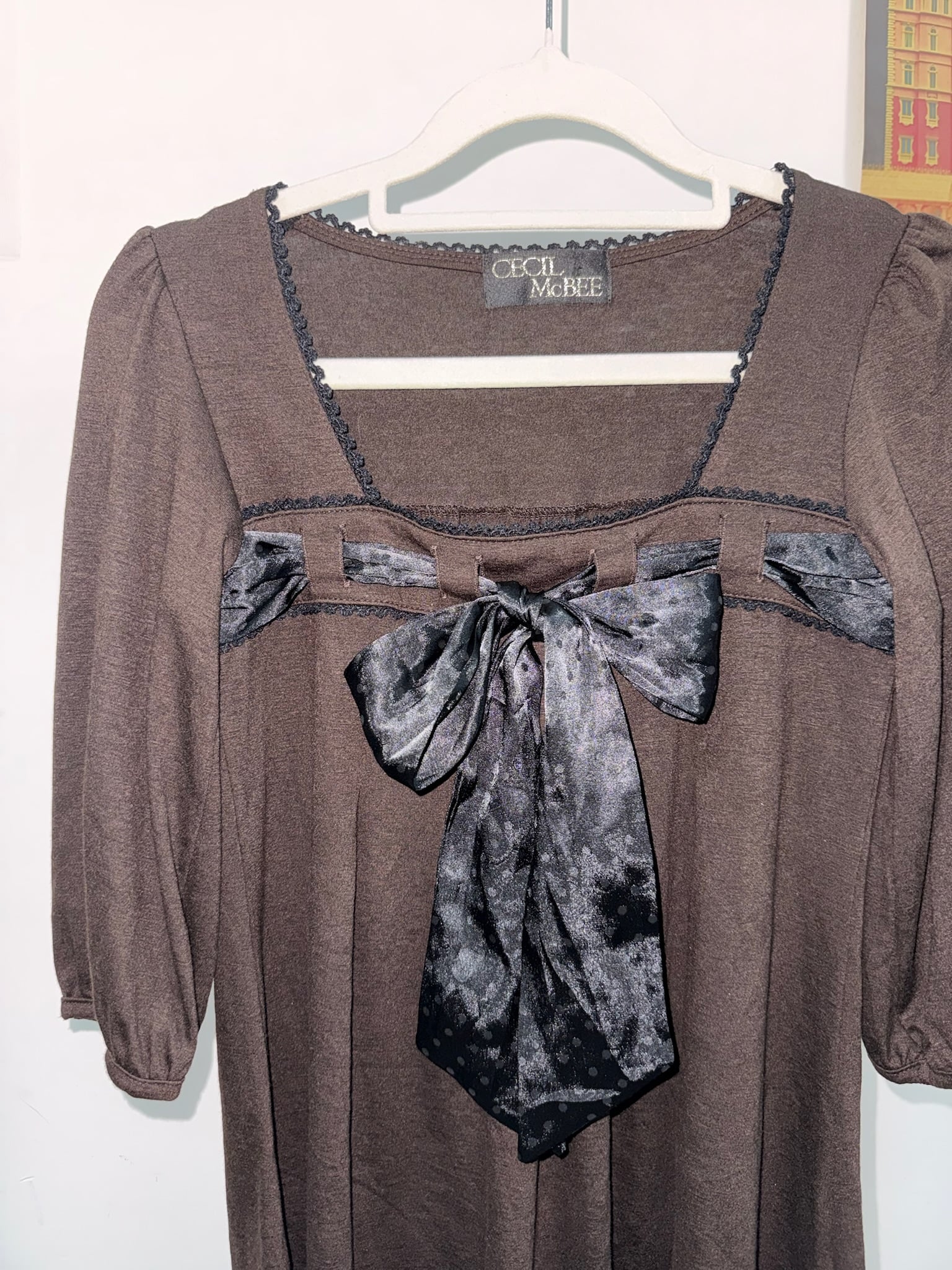 CECIL McBEE Brown Large Satin Bow Babydoll Top