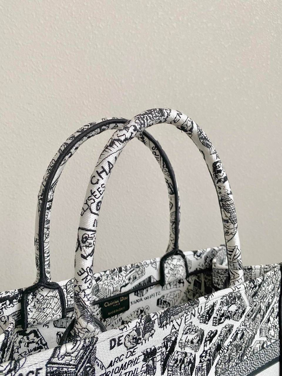 🈶白色中号 𝗖𝗗 𝗕𝗼𝗼𝗸 𝗧𝗼𝘁𝗲 23夏季"巴黎地图" 说实话，近年来花卉系列有点看乏看腻的 请你们一定看看这一只，新的炙热款！！ 本季主打的巴黎第八街区地图，惊艳了全网 真真实实绣在整个包上，砖柜超级难抢的！ 黑白色调干净利落，复古又神秘的法式浪漫✨ 那种高定视觉，沦陷了！沦陷了！ 行走的巴黎街头很是时髦，我先冲了！🎀 36×27×16cm