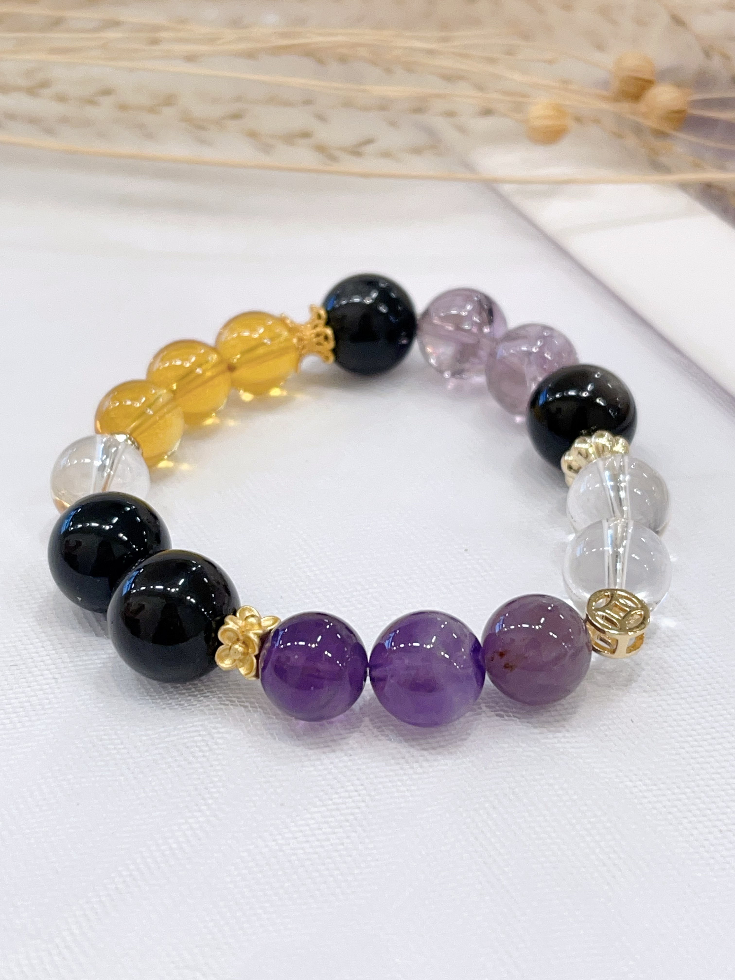 ✨ 紫塔晶 × 黑曜石 × 银曜石 × 白水晶 × 黄水晶手串  Amethyst × Obsidian × Clear Quartz × Citrine