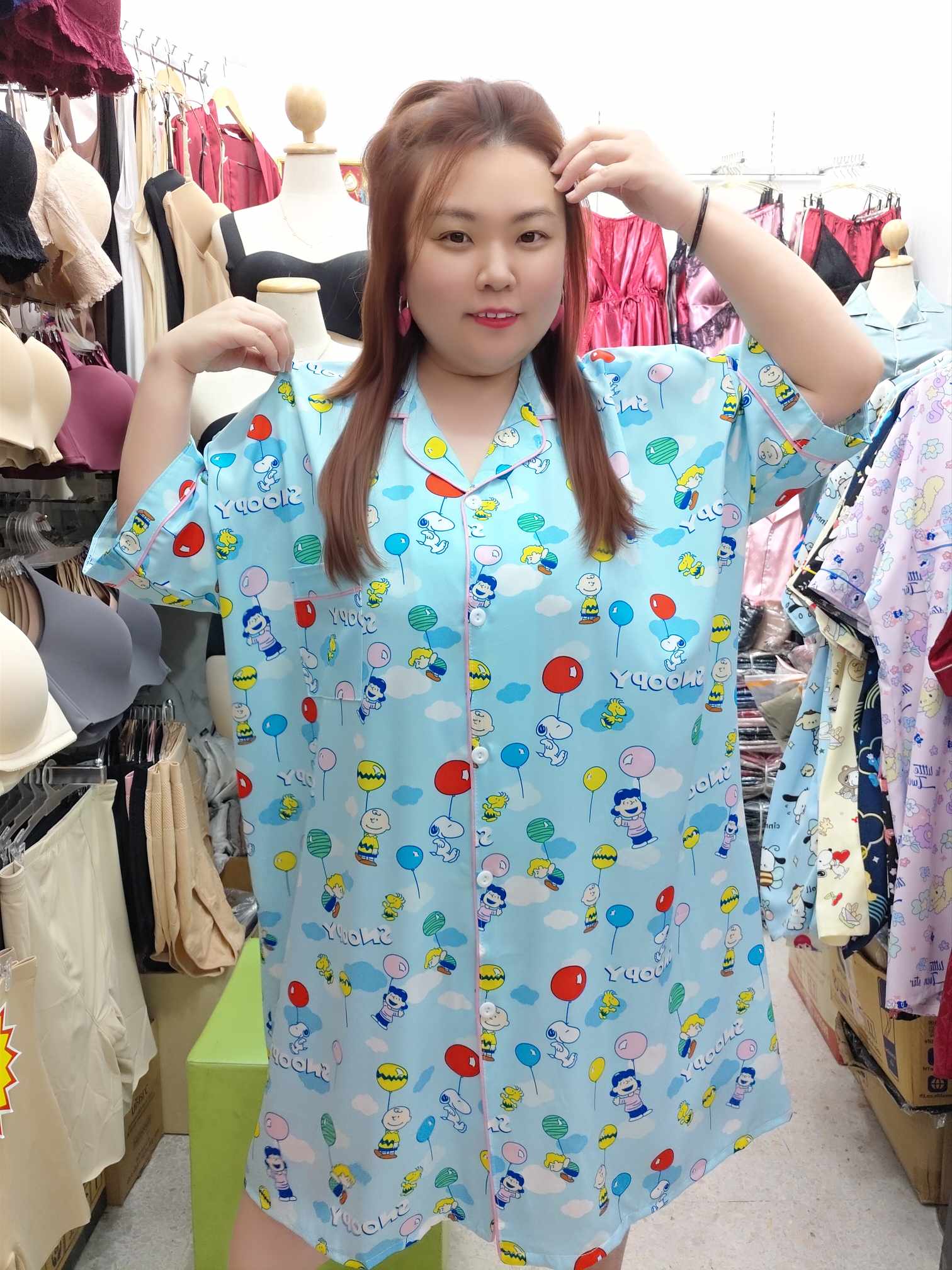 ENE18 卡通柔软滑布睡裙套装