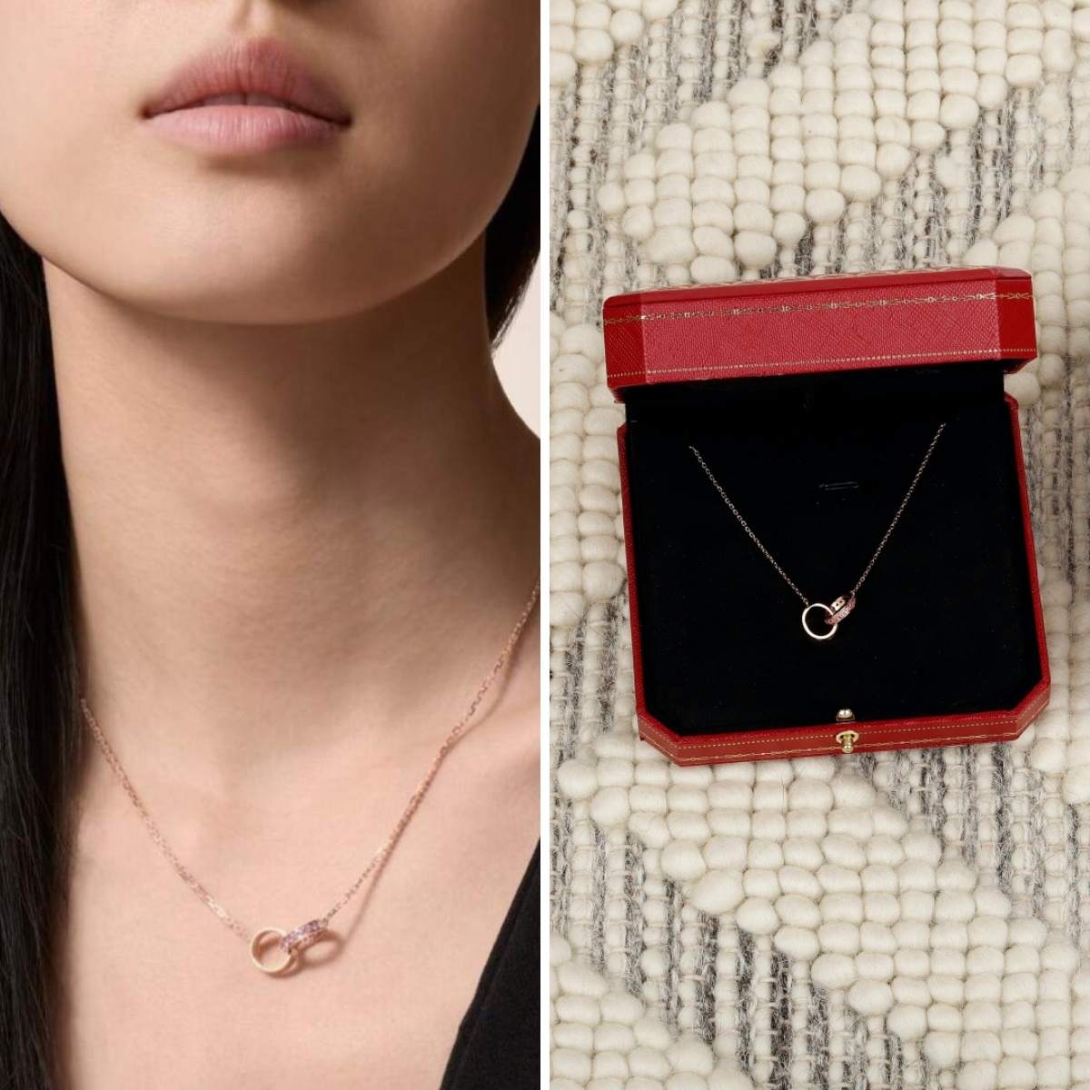 【原單】Cartier Love Double Ring Necklace 粉鑽雙環項鏈