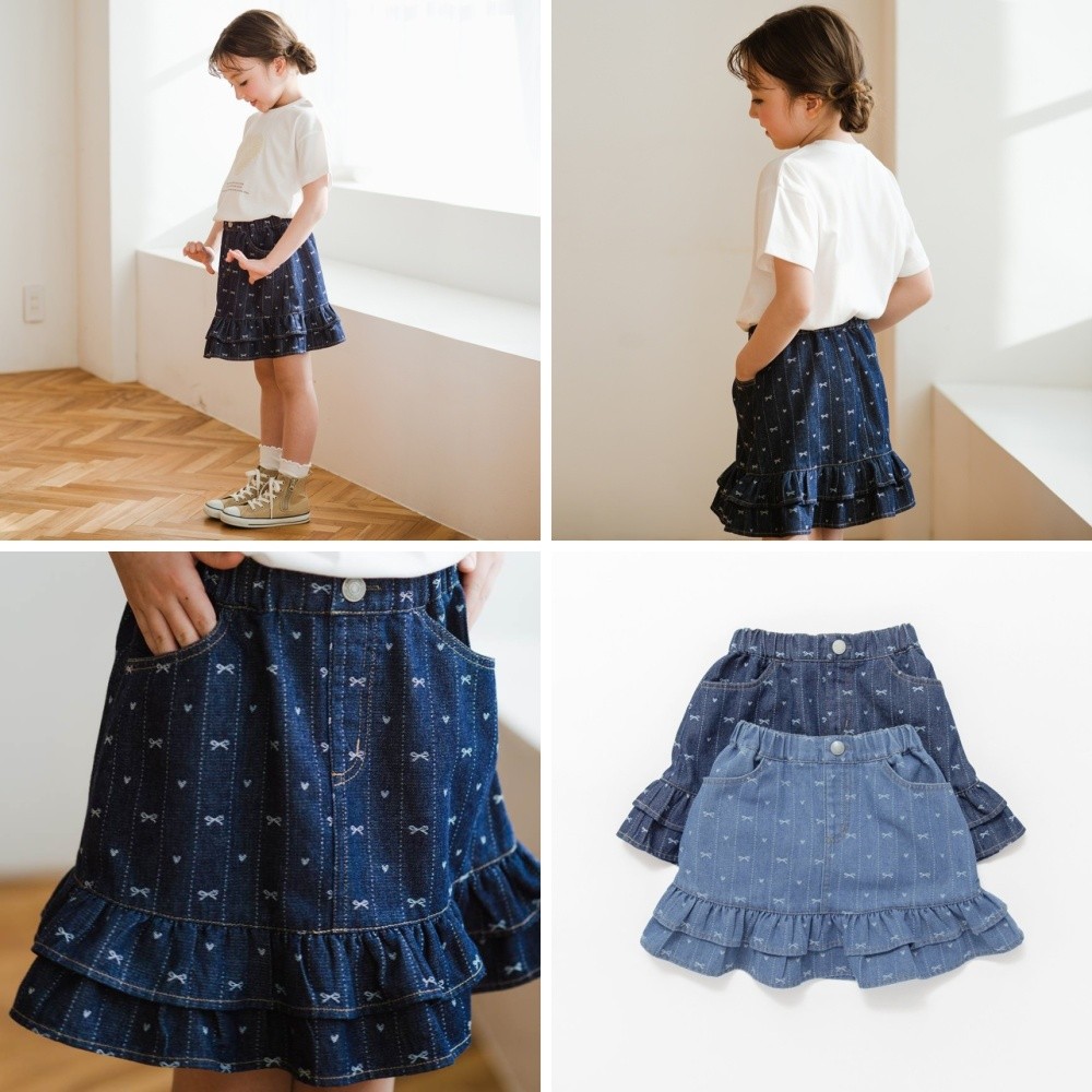 🆕【⭐訂購⭐】🌀 🇯🇵 日本直送🇯🇵 緞帶圖案 雙層荷葉邊下擺 提花牛仔裙［2款選］🌀 [ELDA-0239][260526]