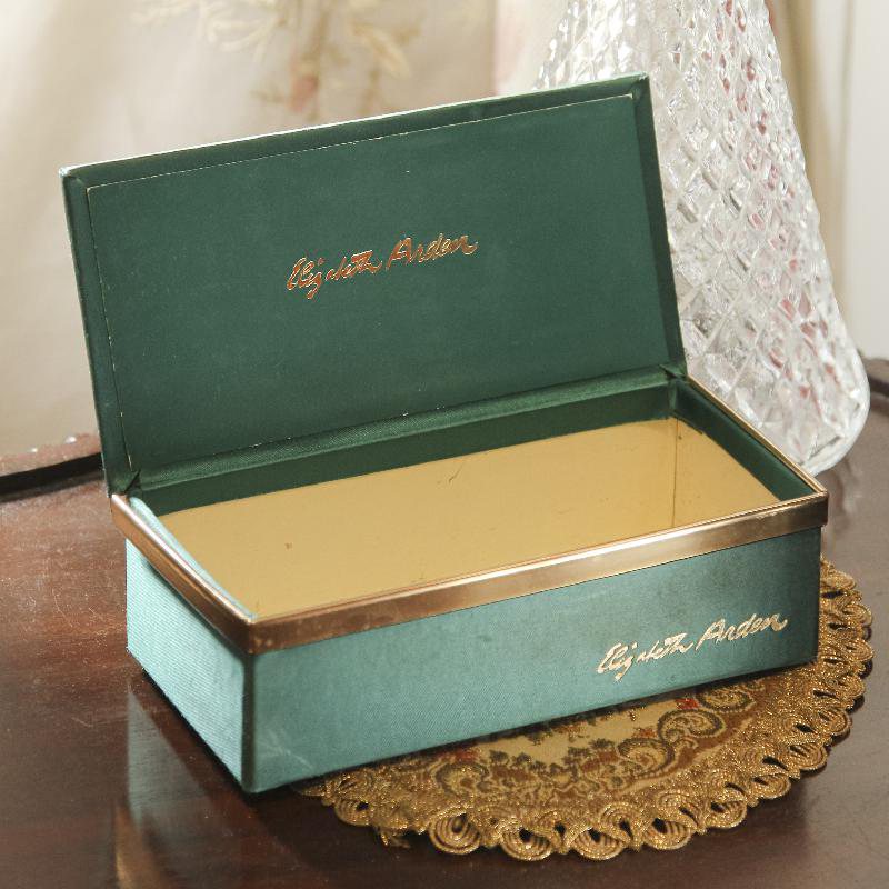 Elizabeth Arden Emerald Green Satin Box with Floral Porcelain from Germany(RU012)