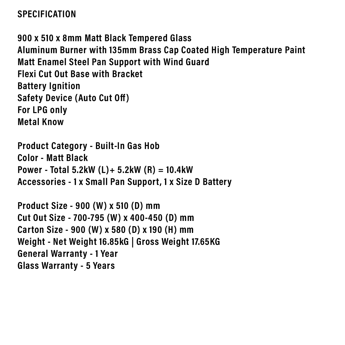 Faber 5.2kW Built-In Gas Hob FBIH G902B520TGM