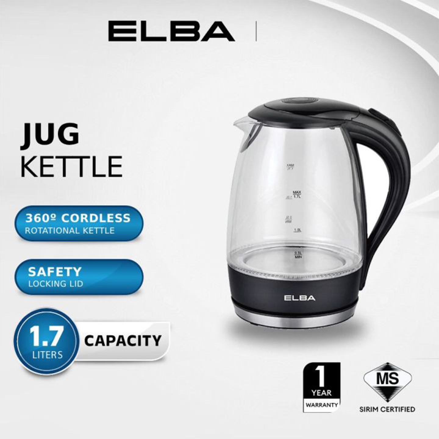 Elba 1.7L Borosilicate Glass Body With Led Light Jug Kettle EJK-F1723G(BK)