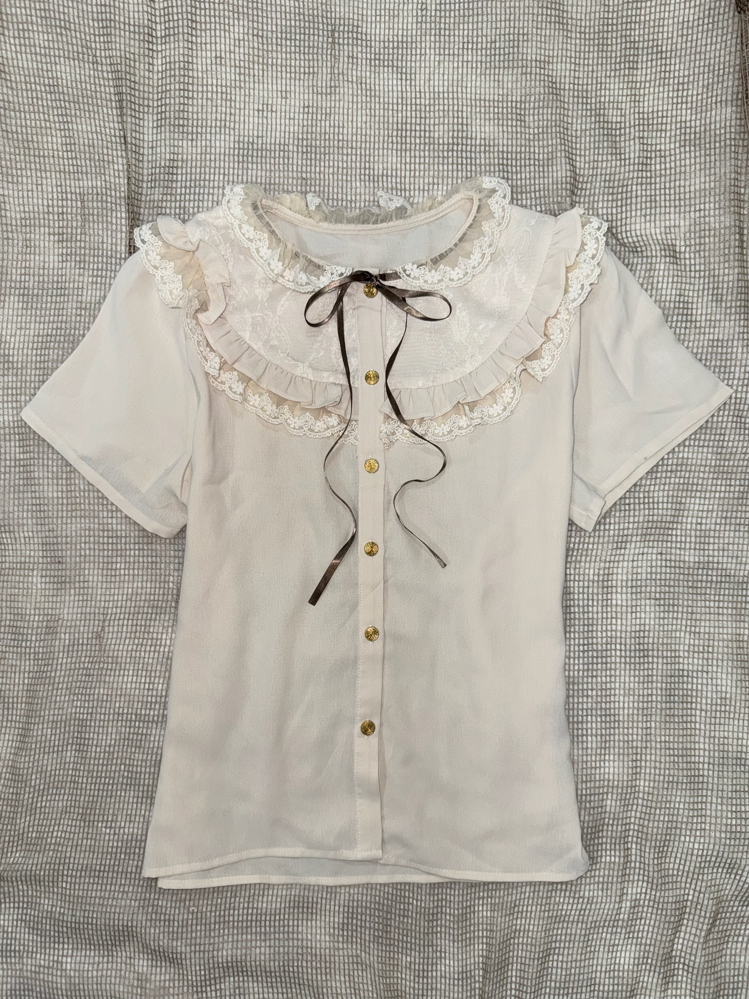 Cream Statement Collar Lace Blouse with Ribbon