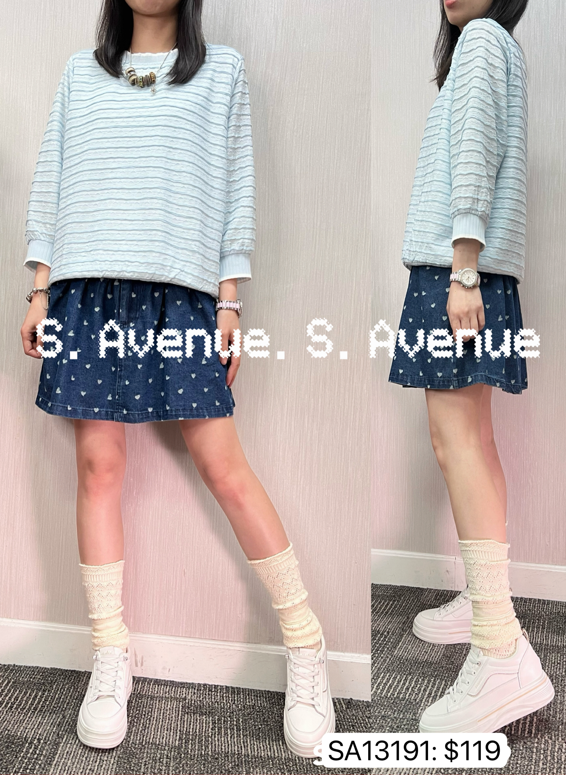 SA13191: 中袖暗橫紋撞色邊top