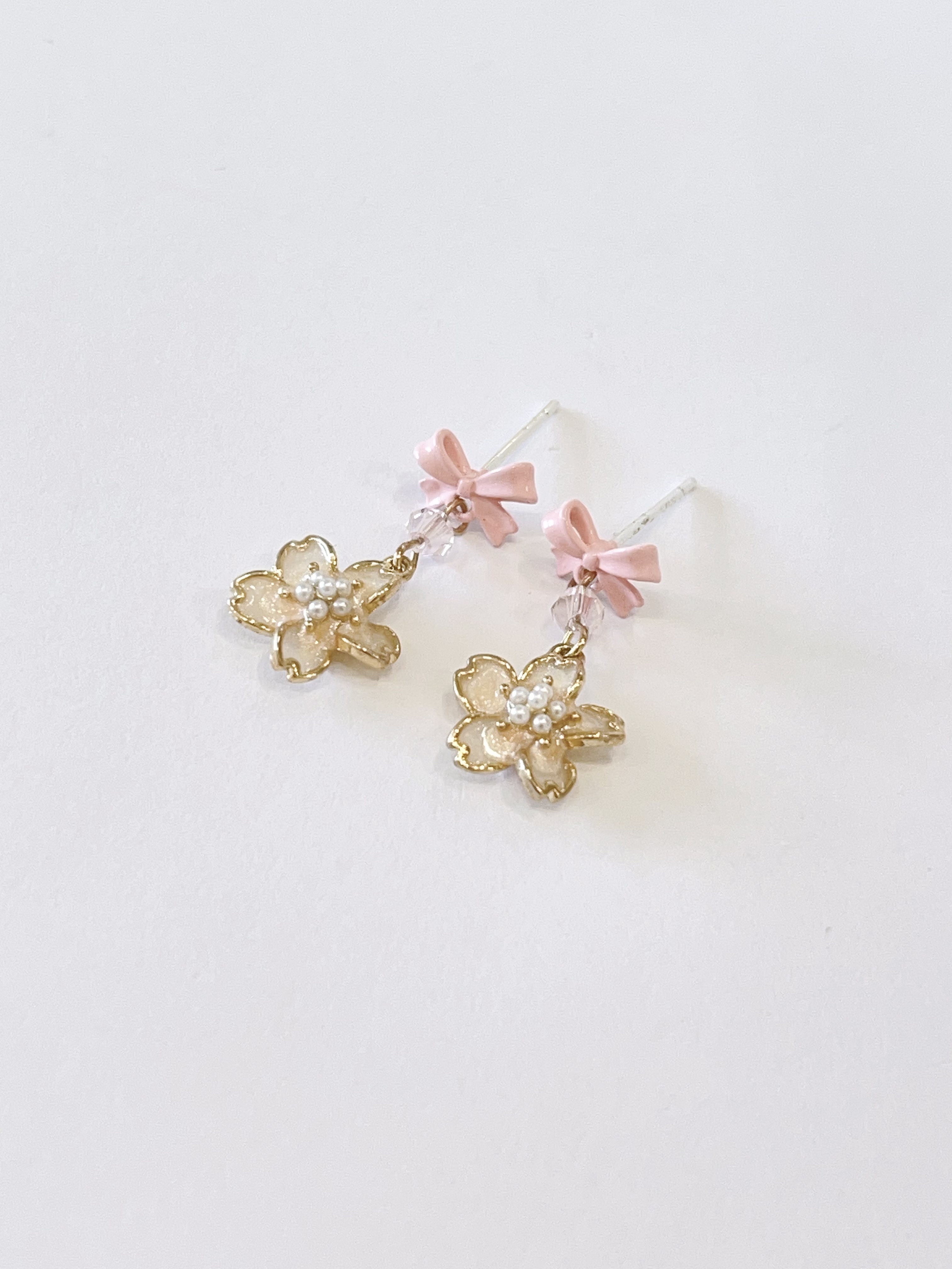 粉色蝴蝶结珍珠花花耳坠耳环