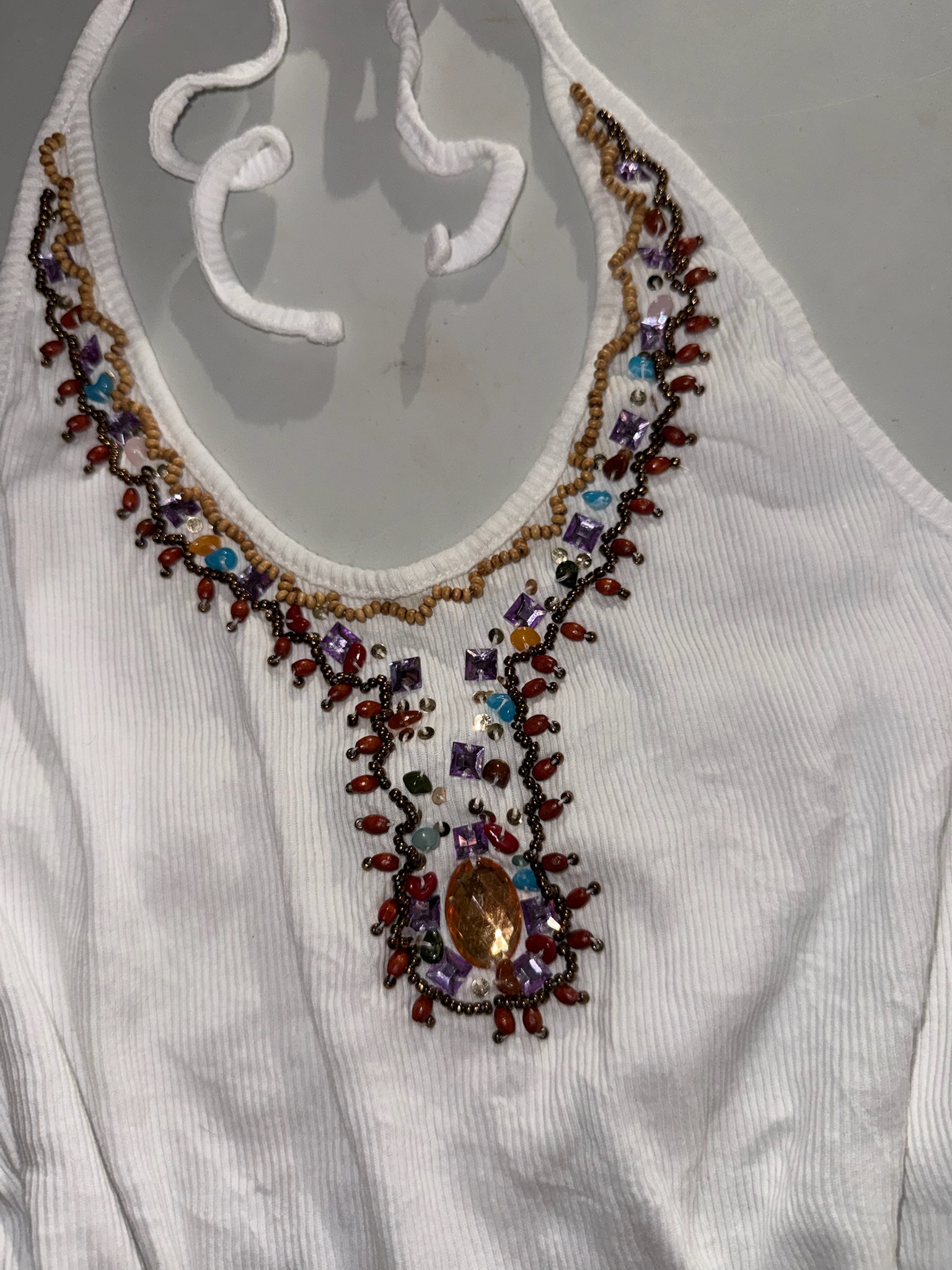 Bohemian Beaded Ribbed Halter Top