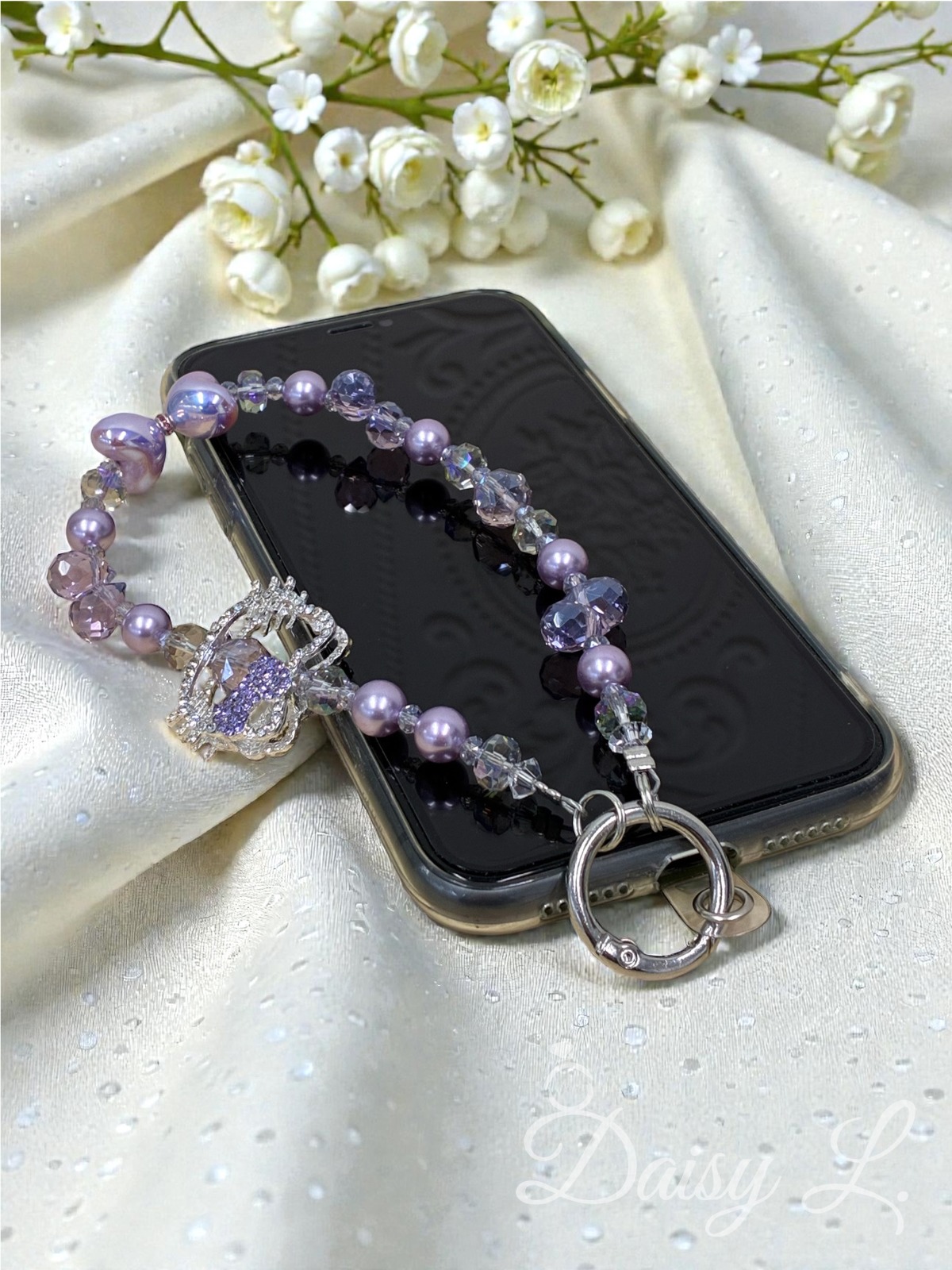 紫色水晶愛心手機掛繩 