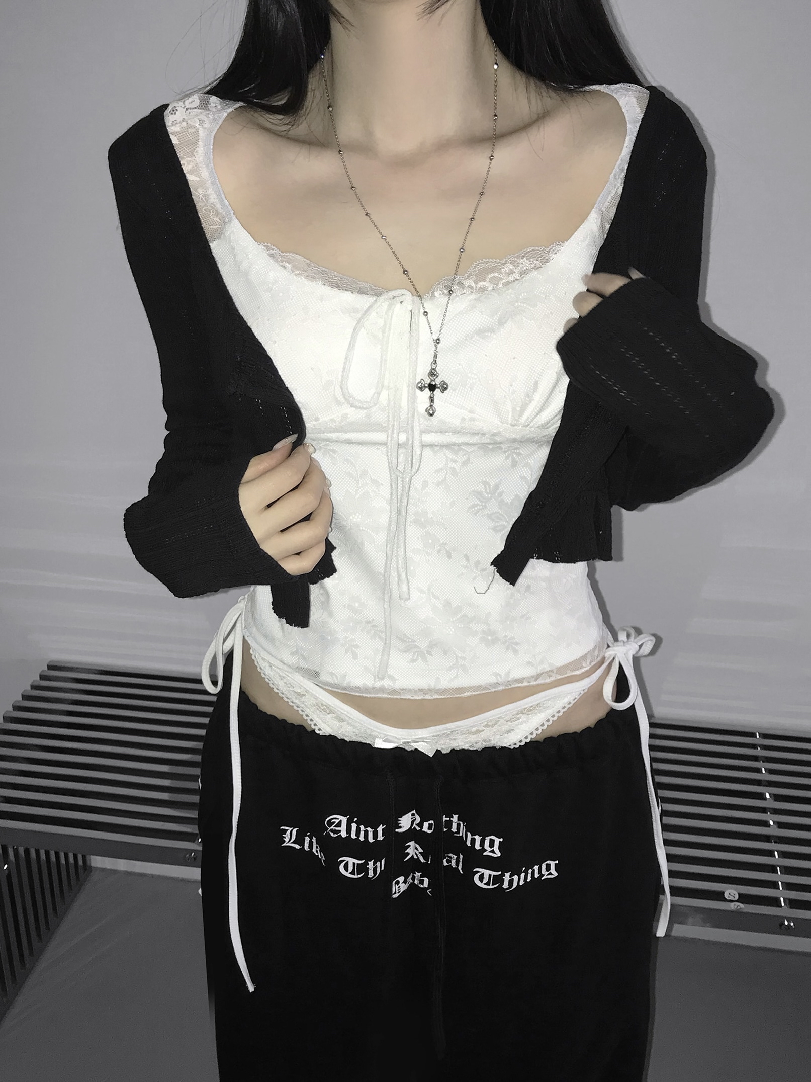 Layered Lace Waist Graphic Wide Leg Pants