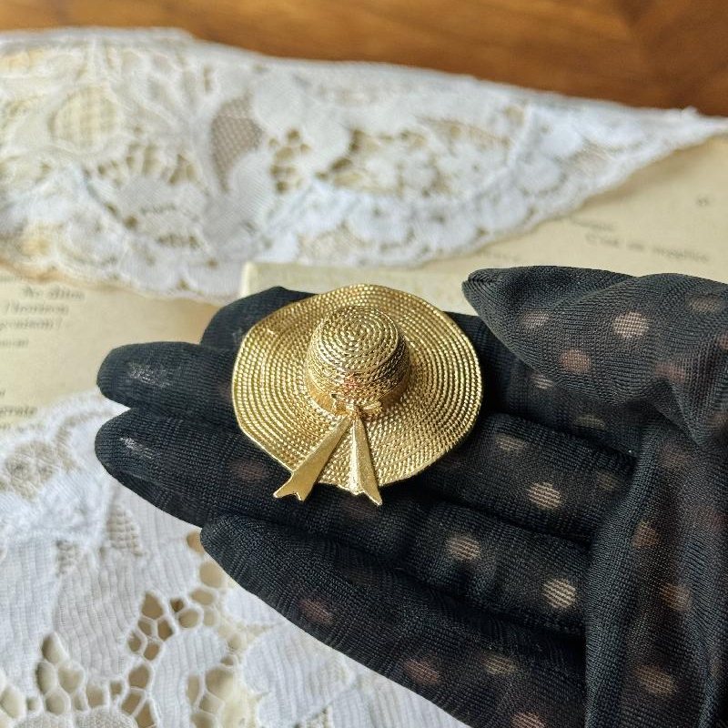 Vintage 1990s Signed Michele Lynn Summer Straw Hat Gold Plated Brooch(MT2350)