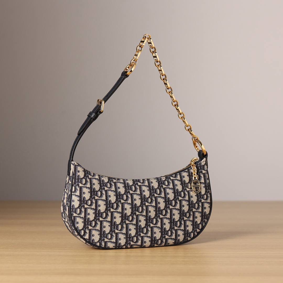 CD LOUNGE 手袋蓝色 Oblique 印花👜✨ 独家渠道货 独家腋下包老花 尺寸：26 x 15 x 5.5 厘米 这款 CD Lounge 手袋是2023夏季新品，彰显 Dior 的现代审美与高订风范。 采用蓝色 Oblique 印花面料精心制作，突显 Dior 经典图案。 经典链条与皮革搭配，交替饰以金色饰面金属和同色调珐琅链环，可折叠设计，可肩背或手提。 拉链开合搭配 CD 拉链头 可调节肩带，链条部分由金色饰面金属和与皮革同色调的珐琅 CD 链环组成，搭配皮革带 内含防尘袋