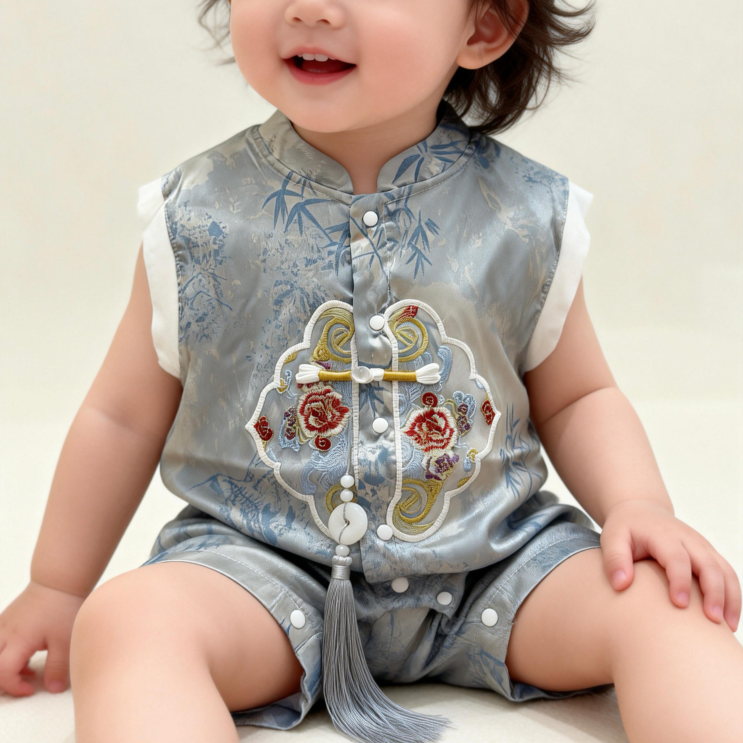 451483 | Elegant Baby Boy's Chinese Style Romper with Intricate Embroidery