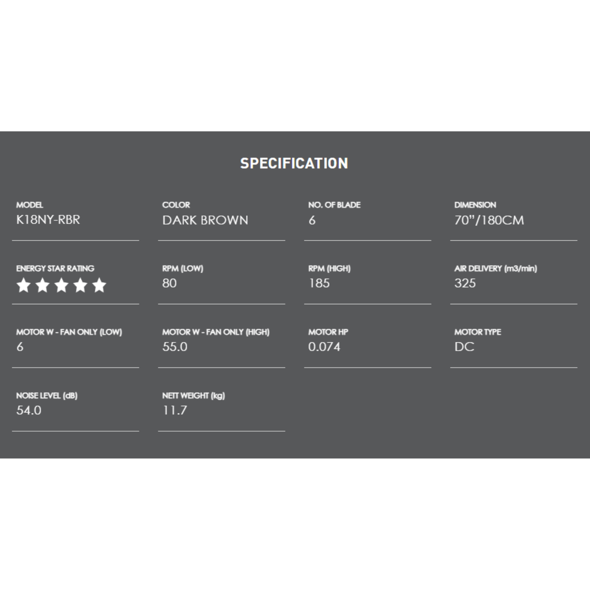 KDK 70" Ceiling Fan 6-Blade DC Motor Short Rod (K18NY-RBR)