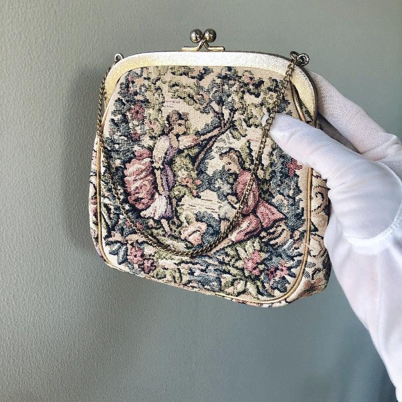 Vintage Mid-Century "Élégance Jérôme Style" Courting Couple Floral Tapestry Handbag(MT1918-2)