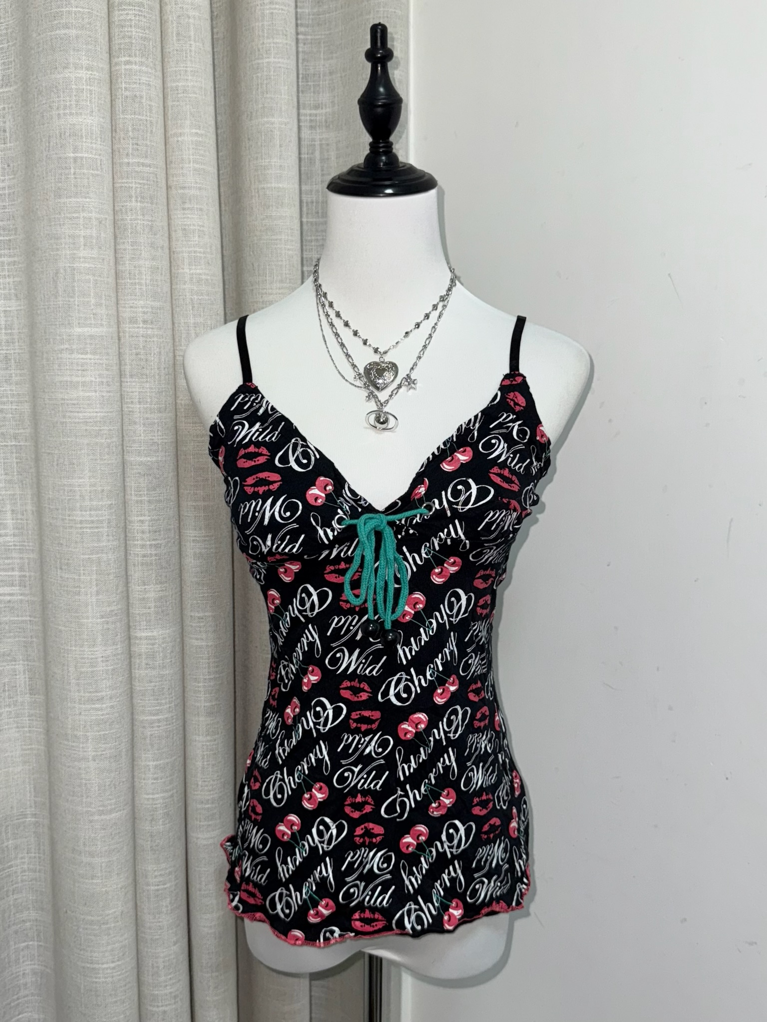 90s Cherry & Lip Print Cami with Contrast Teal Lace-up Front