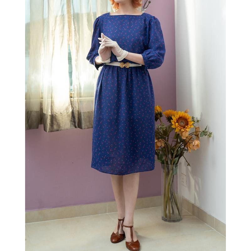 Vintage C.a. 1980s American Geison Peters Low BoatNeck Mid-Sleeve Summer Chiffon Dress (MT1840-20)