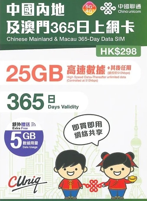 🇨🇳中國系列  中國聯通內地及澳門5G上網年卡