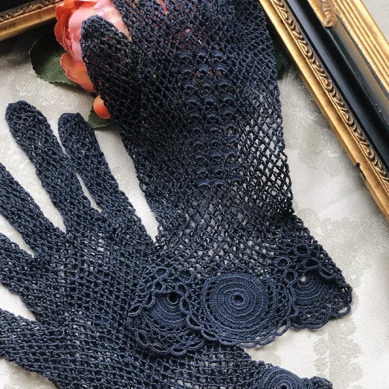 RARE! Vintage Pre-1950s Midnight Blue Hand-Crocheted Rose Trimmed and Square Motif Pattern Gloves (MT1916)