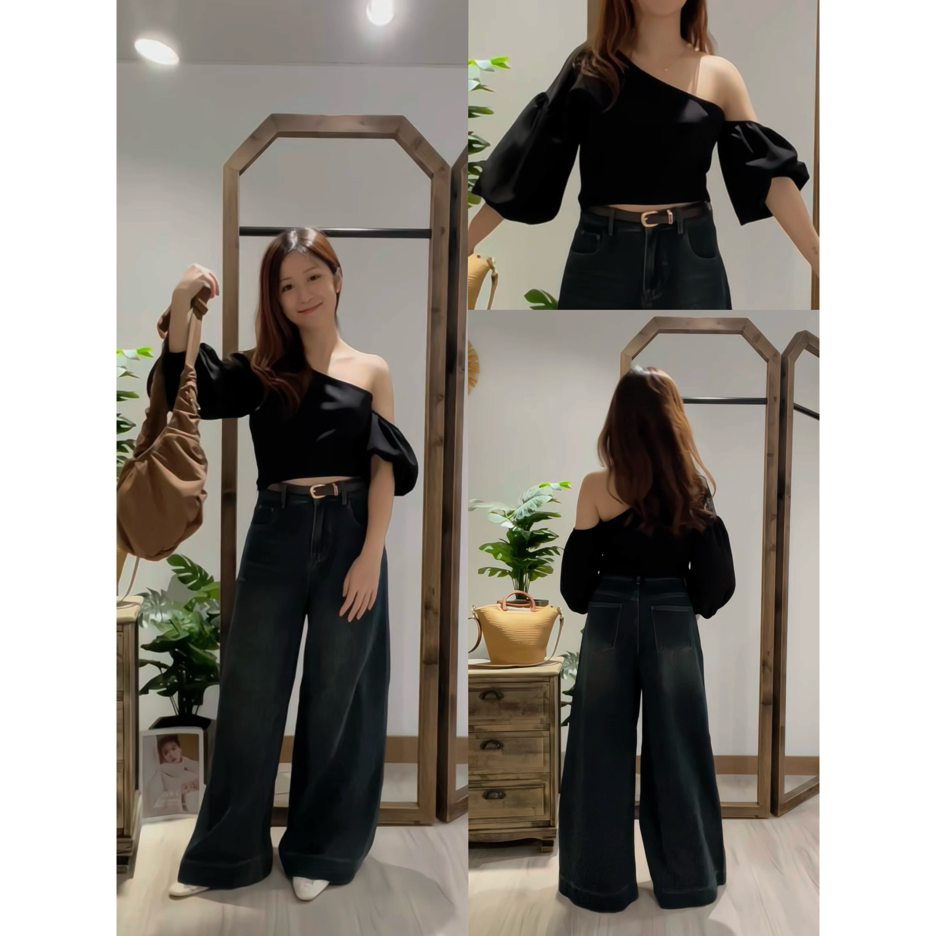 泡泡袖子斜肩條紋上衣(KR)[黑色]359937