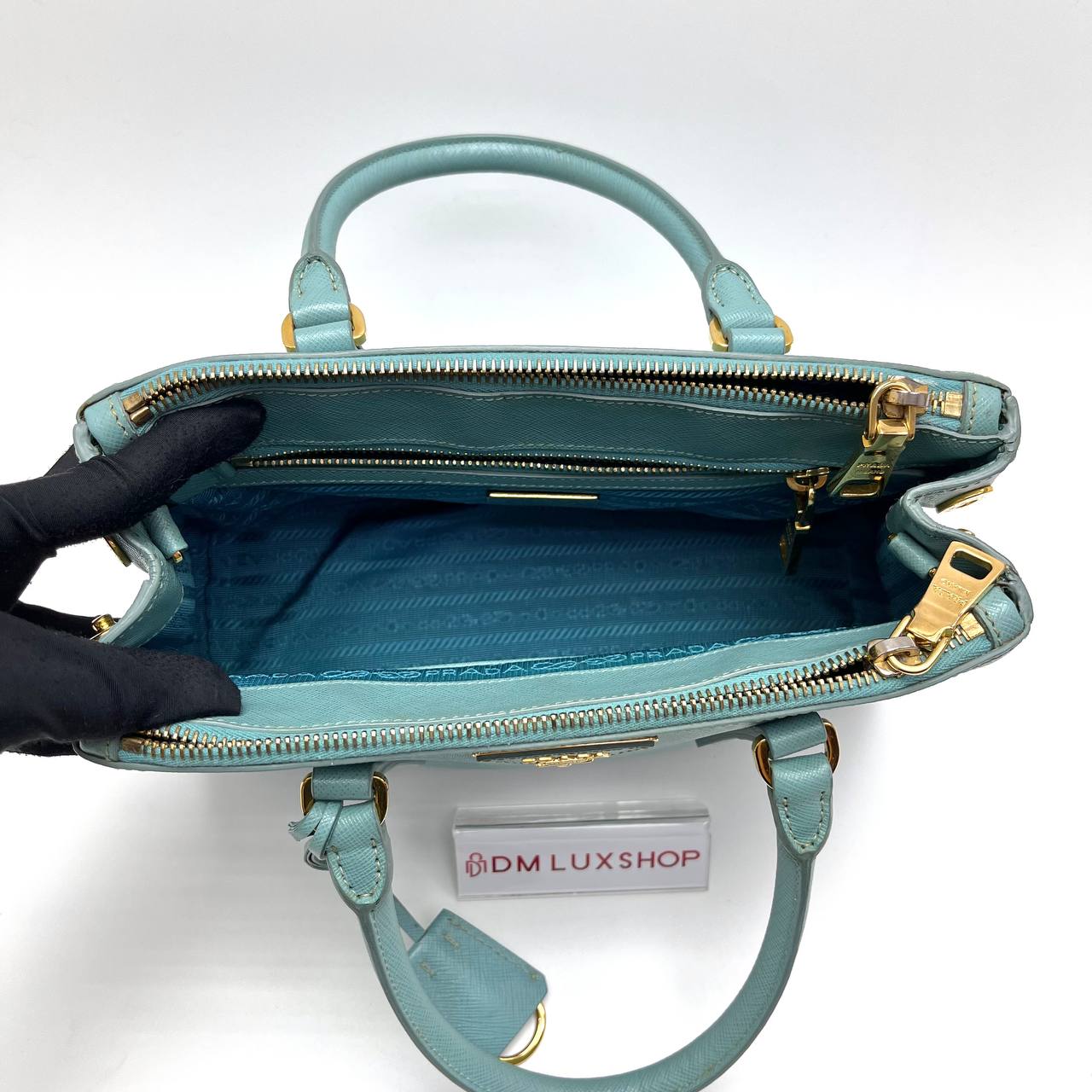 Prada Saffiano Light Blue Small Double Zip Galleria Lux Tote GHW
