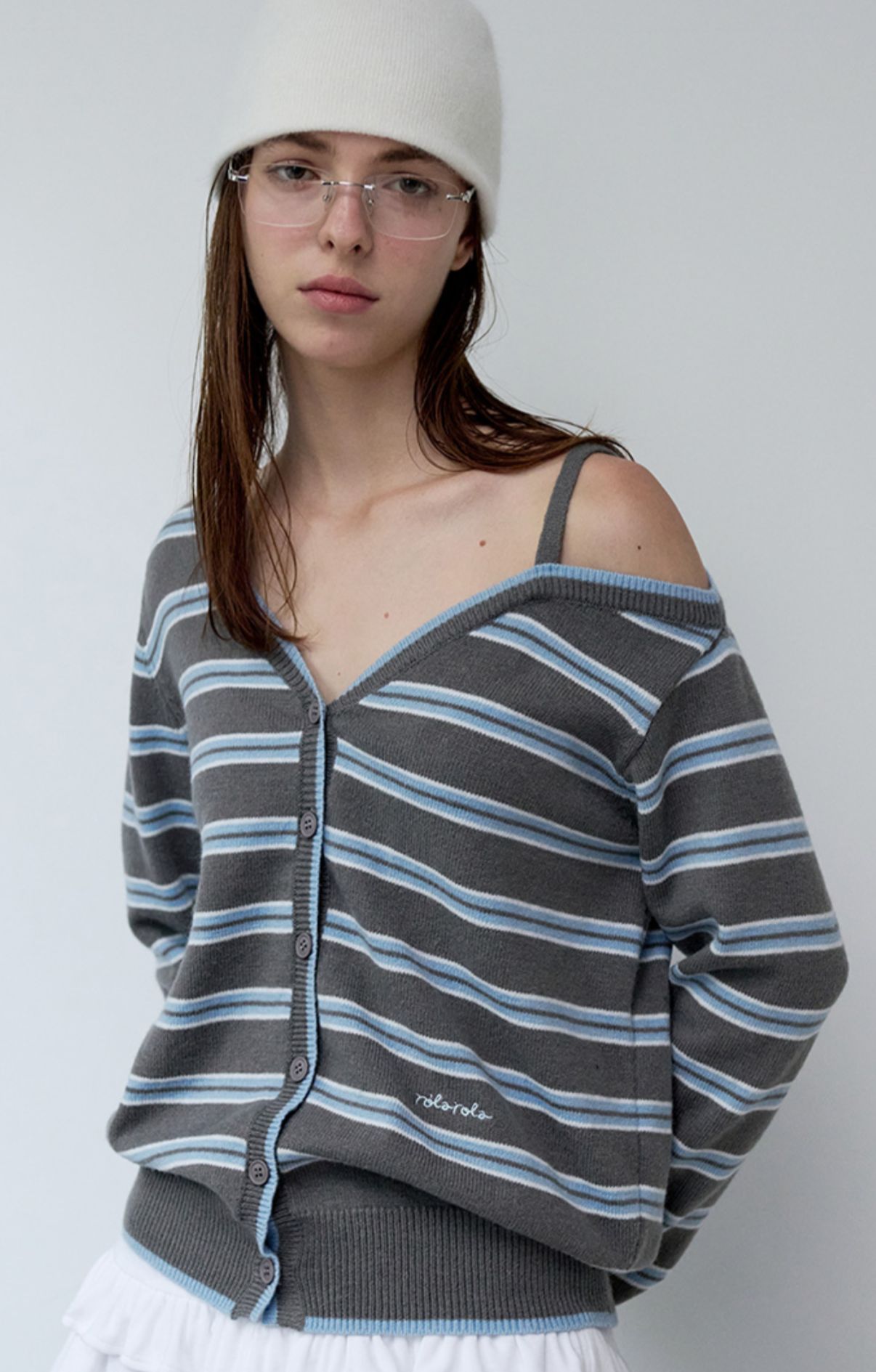 🎀Rolarola 🎀 ONE OFF SHOULDER 橫間cardigan 獨家折扣優惠 size: s/m Pink/white 28/3截單