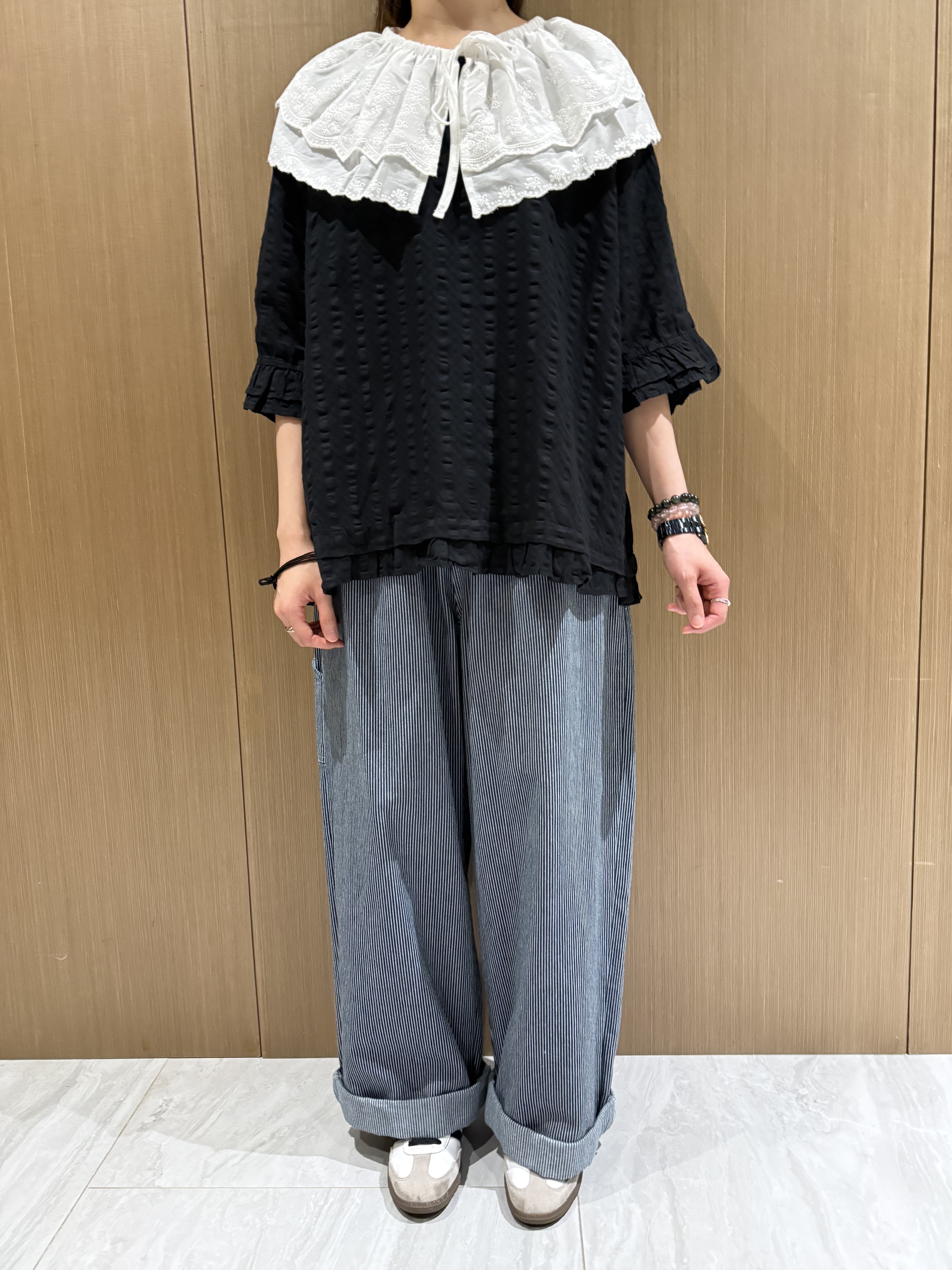 牛仔間條直腳褲