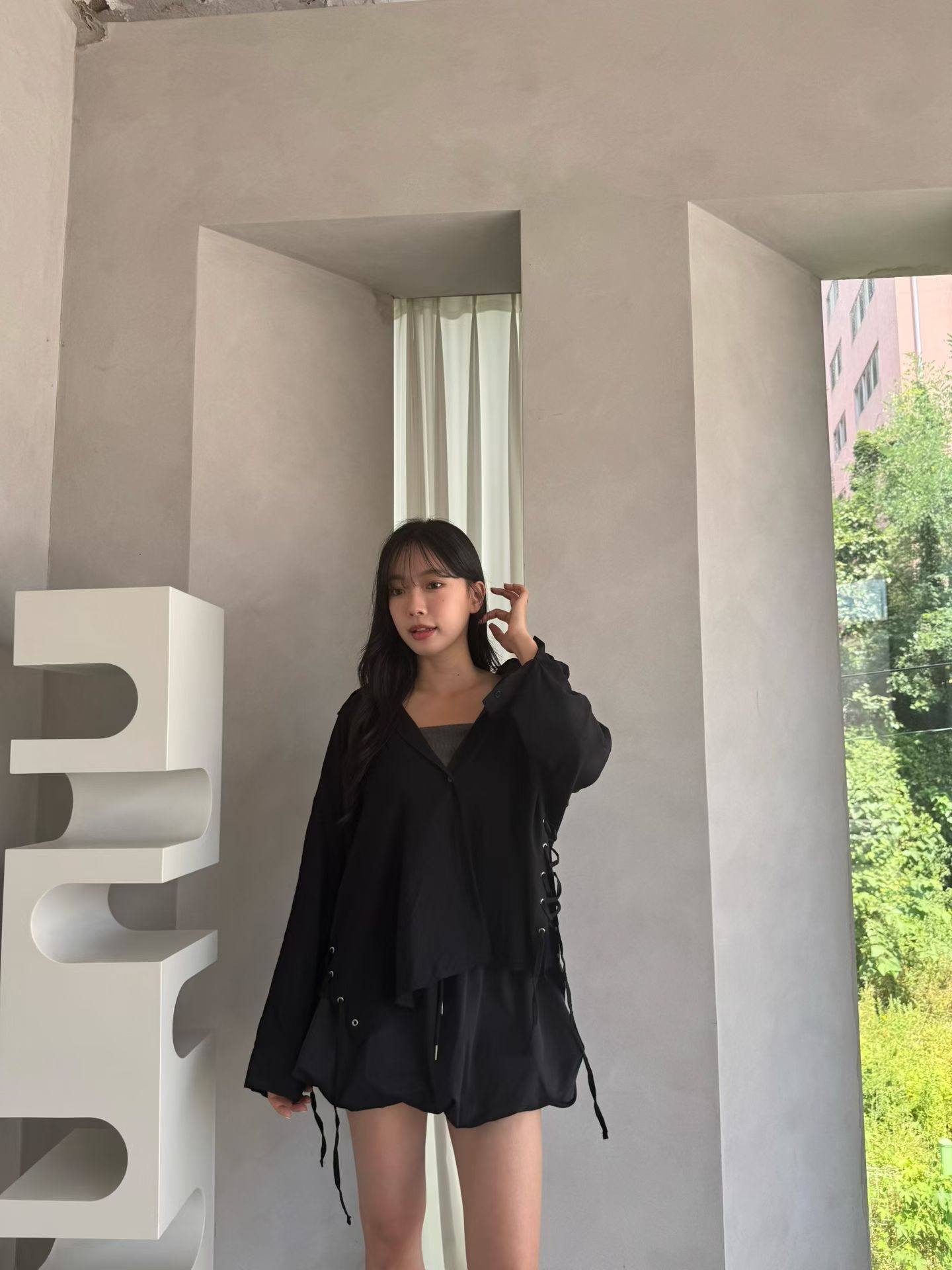 MA12 側邊綁帶設計感前短後長襯衫