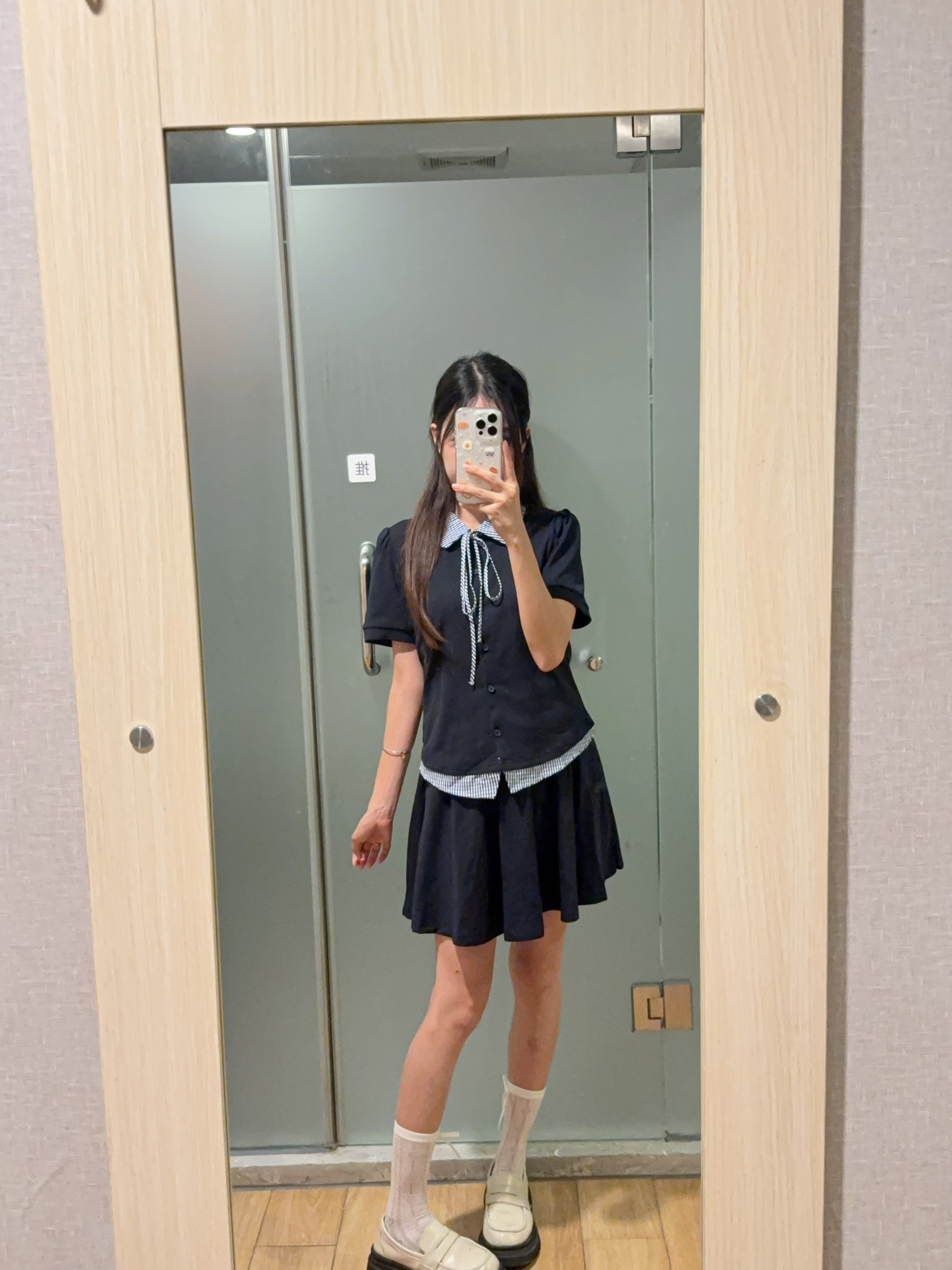 韩系翻领格纹假两件上衣+半身裙 两件套 R2975