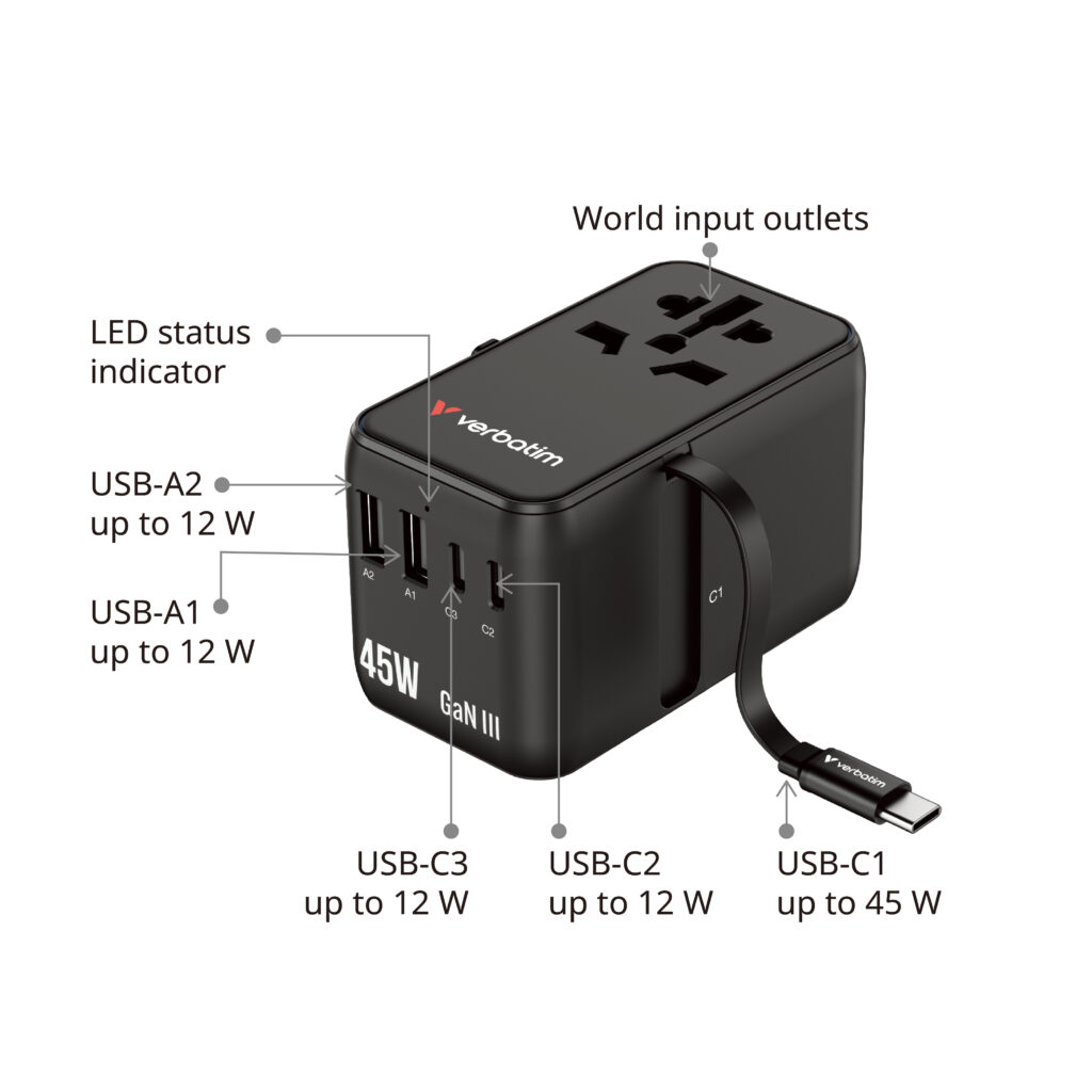 香港行貨 一年保養 Verbatim(威寶) Charge 'n' Travel 45W 通用旅行轉插 (附USB-C可伸縮充電線) 30182