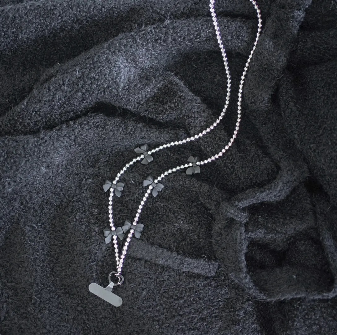 Long Phone Strap Set｜Silver Beads with Black Ribbon